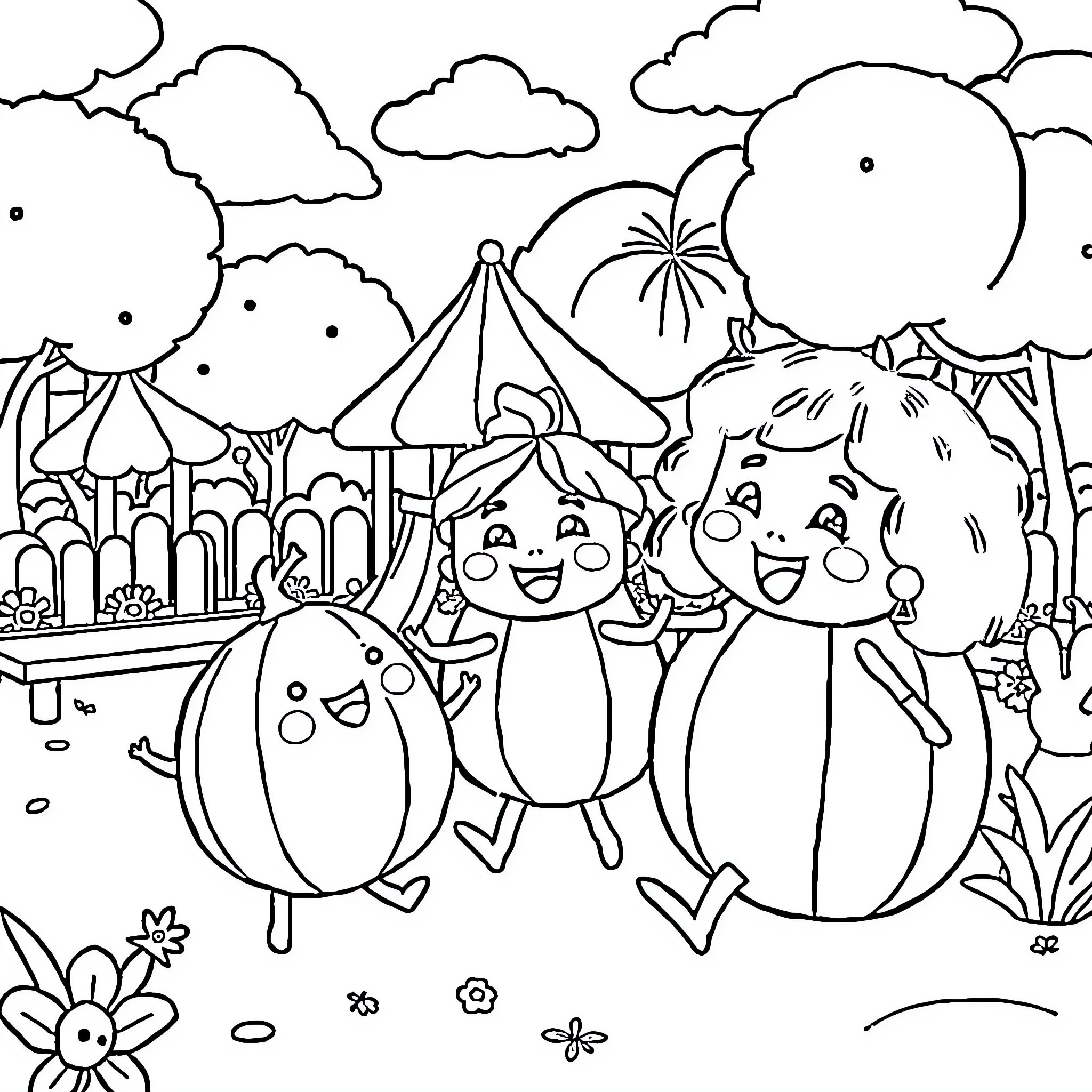 Cocomelon Characters Playing at the Carnival Coloring Page (free black-and-white line drawing printable PDF for all, from beginners to advanced learners, including children, teens, adults, and seniors)