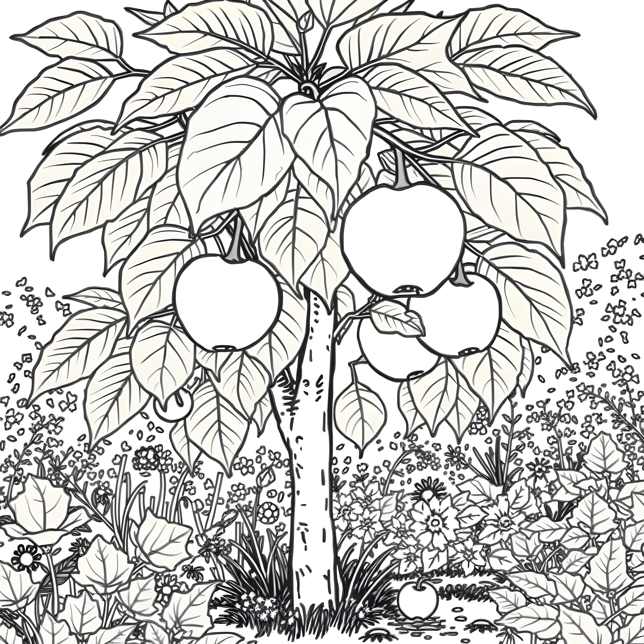 Mayapple Orchard with Blooming Flowers Coloring Page (free black-and-white line drawing printable PDF for all, from beginners to advanced learners, including children, teens, adults, and seniors)