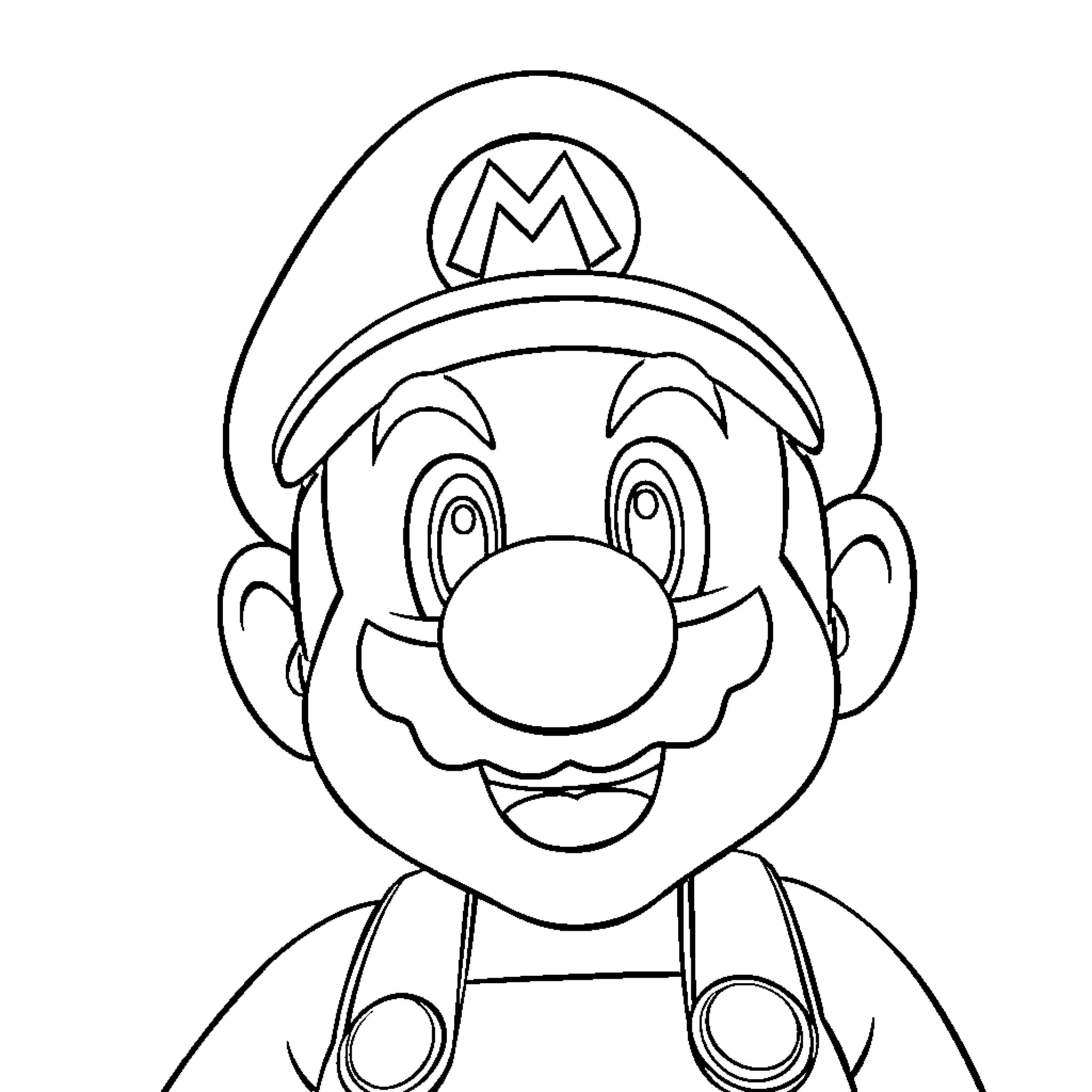 Mario in cheerful expression with classic outfit Coloring Page (free black-and-white line drawing printable PDF for all, from beginners to advanced learners, including children, teens, adults, and seniors)
