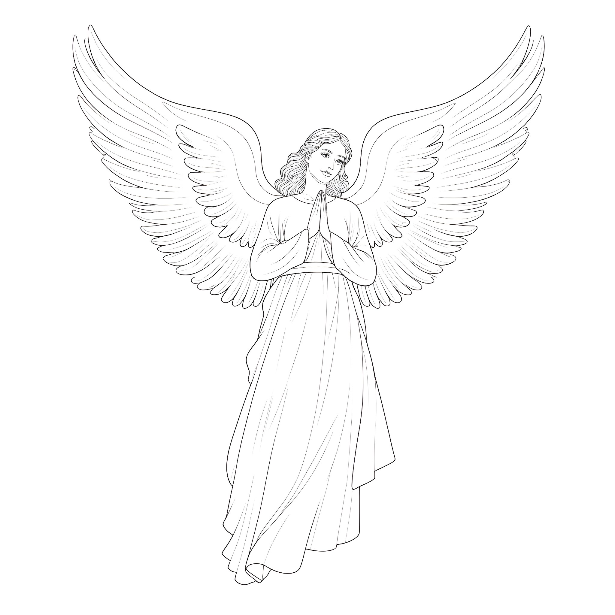 Angel with Outstretched Wings in Prayer Coloring Page (free black-and-white line drawing printable PDF for all, from beginners to advanced learners, including children, teens, adults, and seniors)