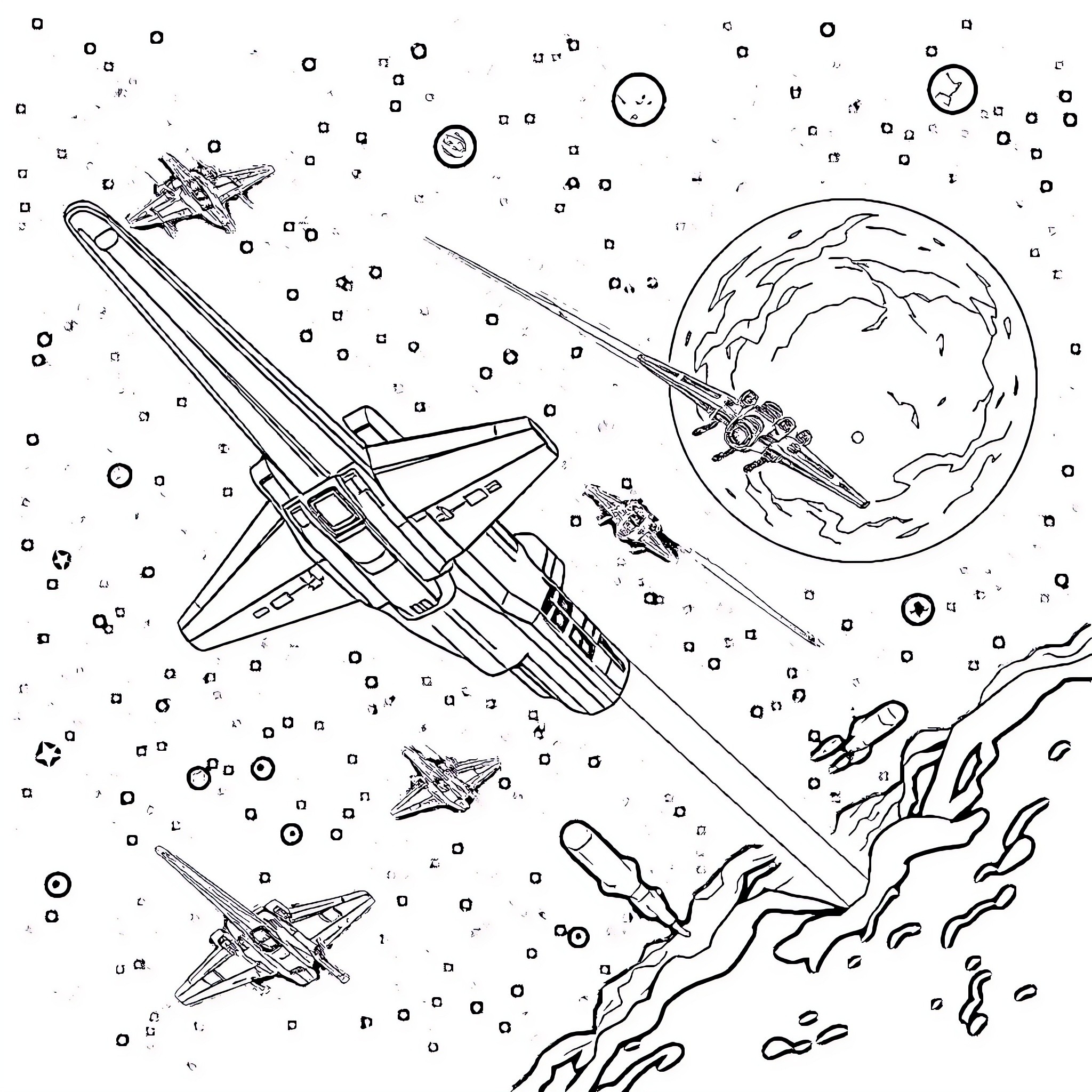 Star Wars Spacecraft Soaring Through Galactic Expanse Coloring Page (free black-and-white line drawing printable PDF for all, from beginners to advanced learners, including children, teens, adults, and seniors)
