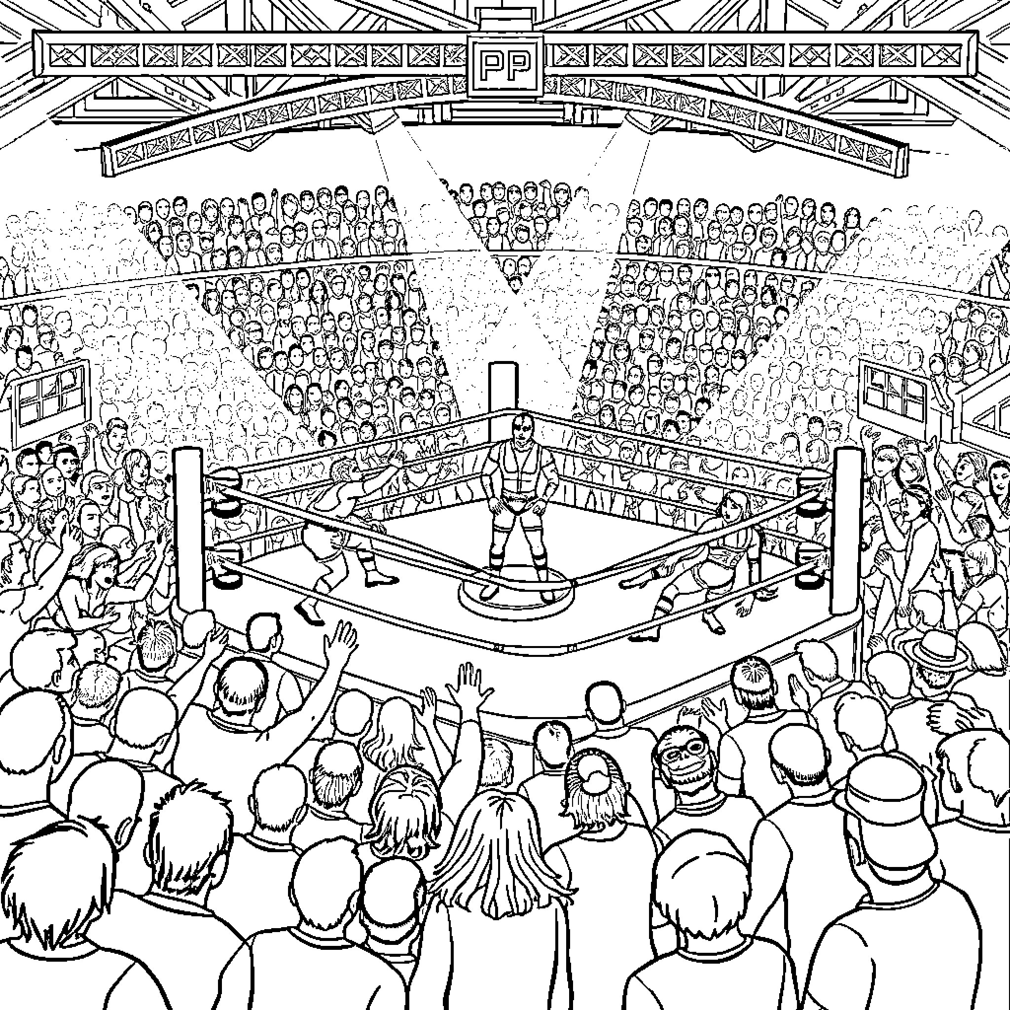 Wrestling Ring with Crowd Cheering on Wrestlers Coloring Page (free black-and-white line drawing printable PDF for all, from beginners to advanced learners, including children, teens, adults, and seniors)