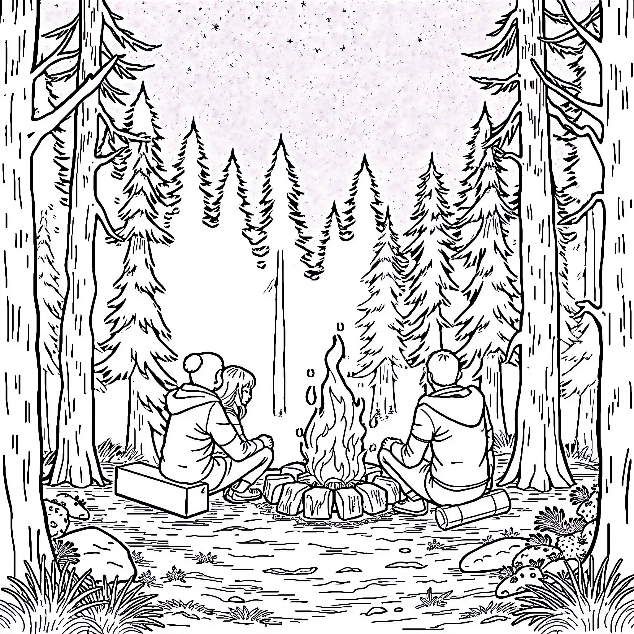 Friends Enjoying Campfire in the Woodland Coloring Page (free black-and-white line drawing printable PDF for all, from beginners to advanced learners, including children, teens, adults, and seniors)