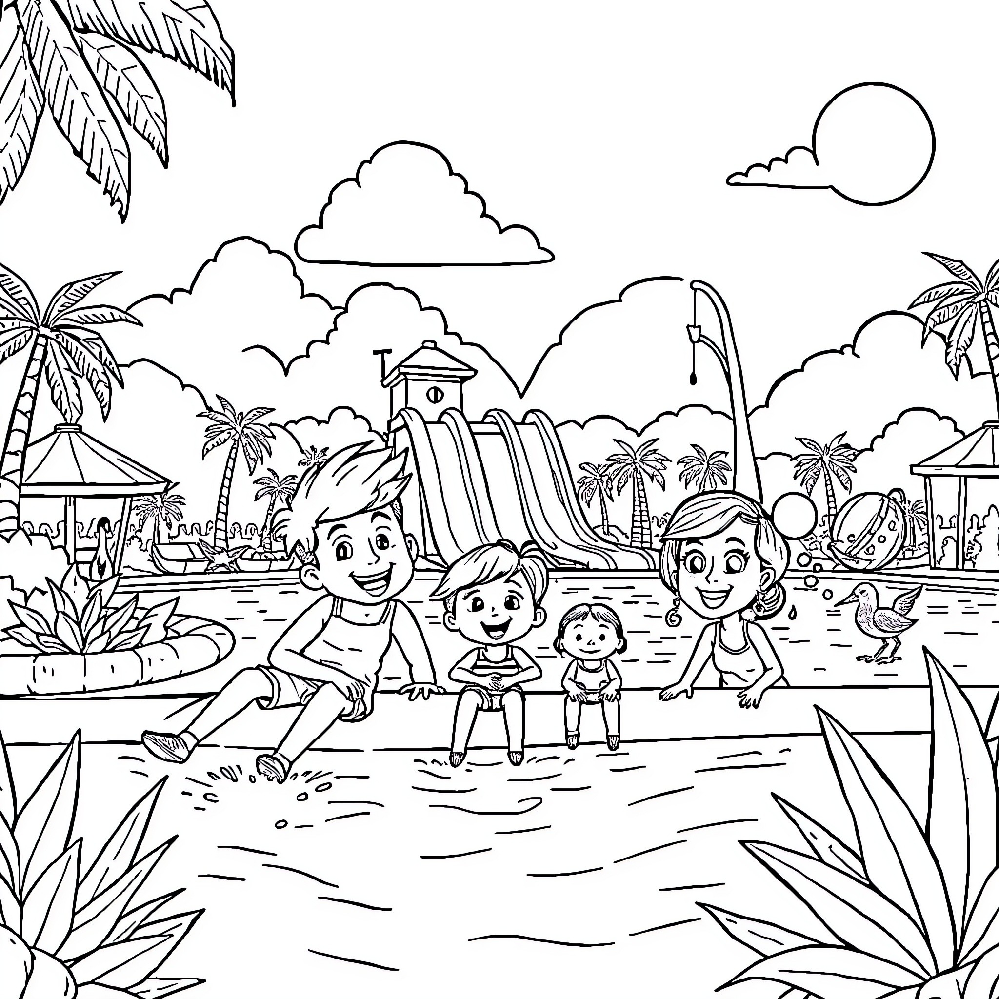 Big City Family Fun at the Beach Coloring Page (free black-and-white line drawing printable PDF for all, from beginners to advanced learners, including children, teens, adults, and seniors)