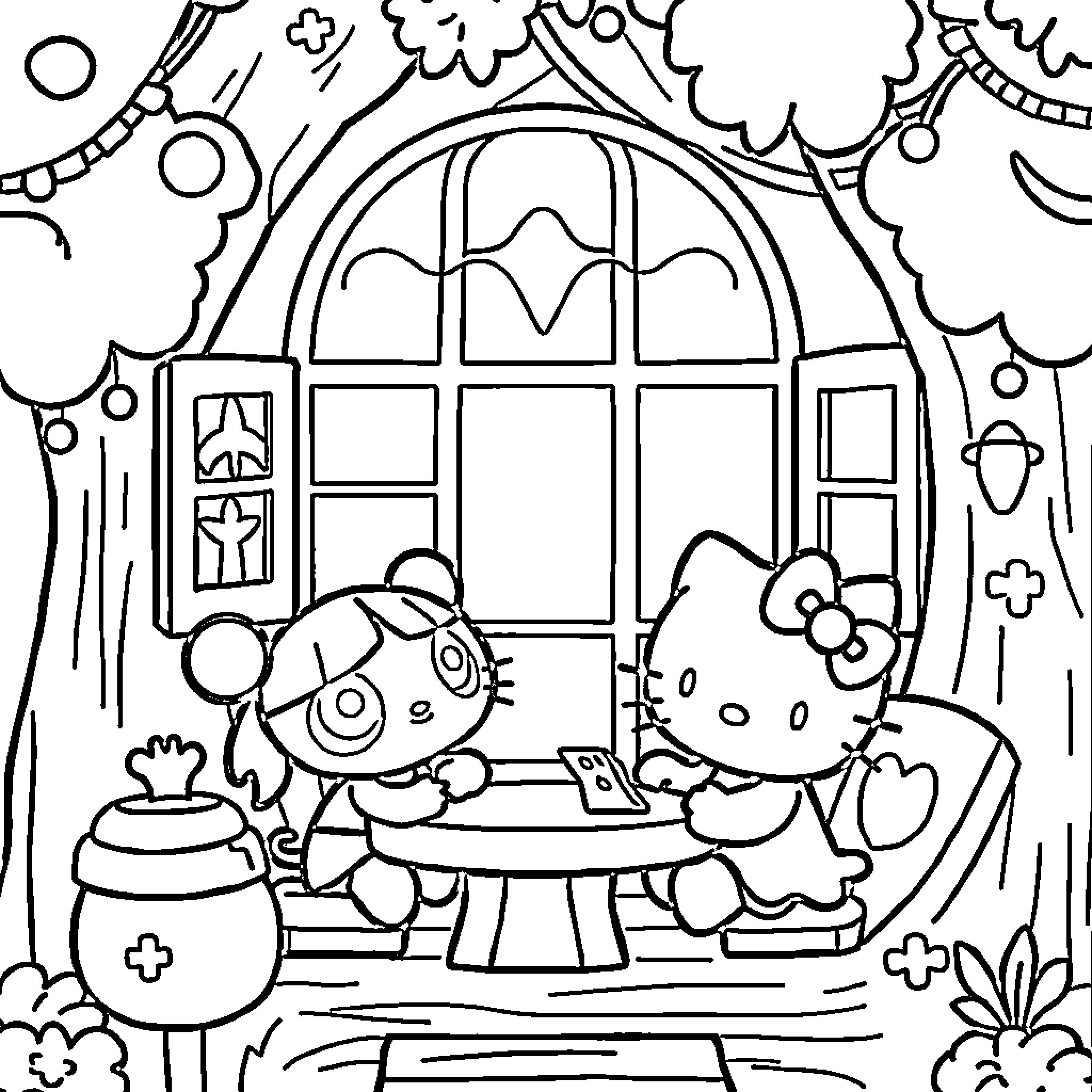 Hello Kitty and Friends Have a Charming Garden Party Coloring Page (free black-and-white line drawing printable PDF for all, from beginners to advanced learners, including children, teens, adults, and seniors)