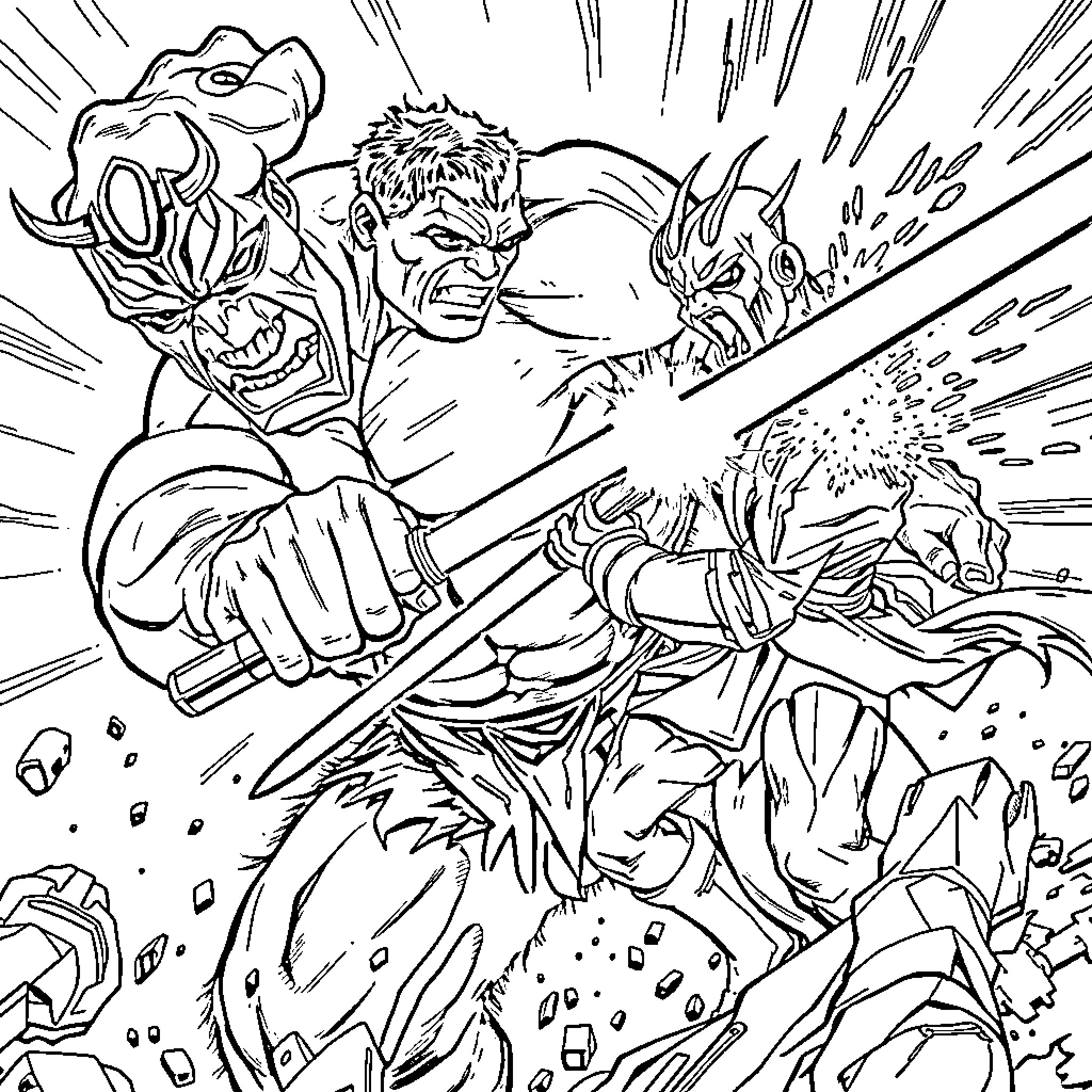 Hulk Smashing Through Intense Battle Scene Coloring Page (free black-and-white line drawing printable PDF for all, from beginners to advanced learners, including children, teens, adults, and seniors)