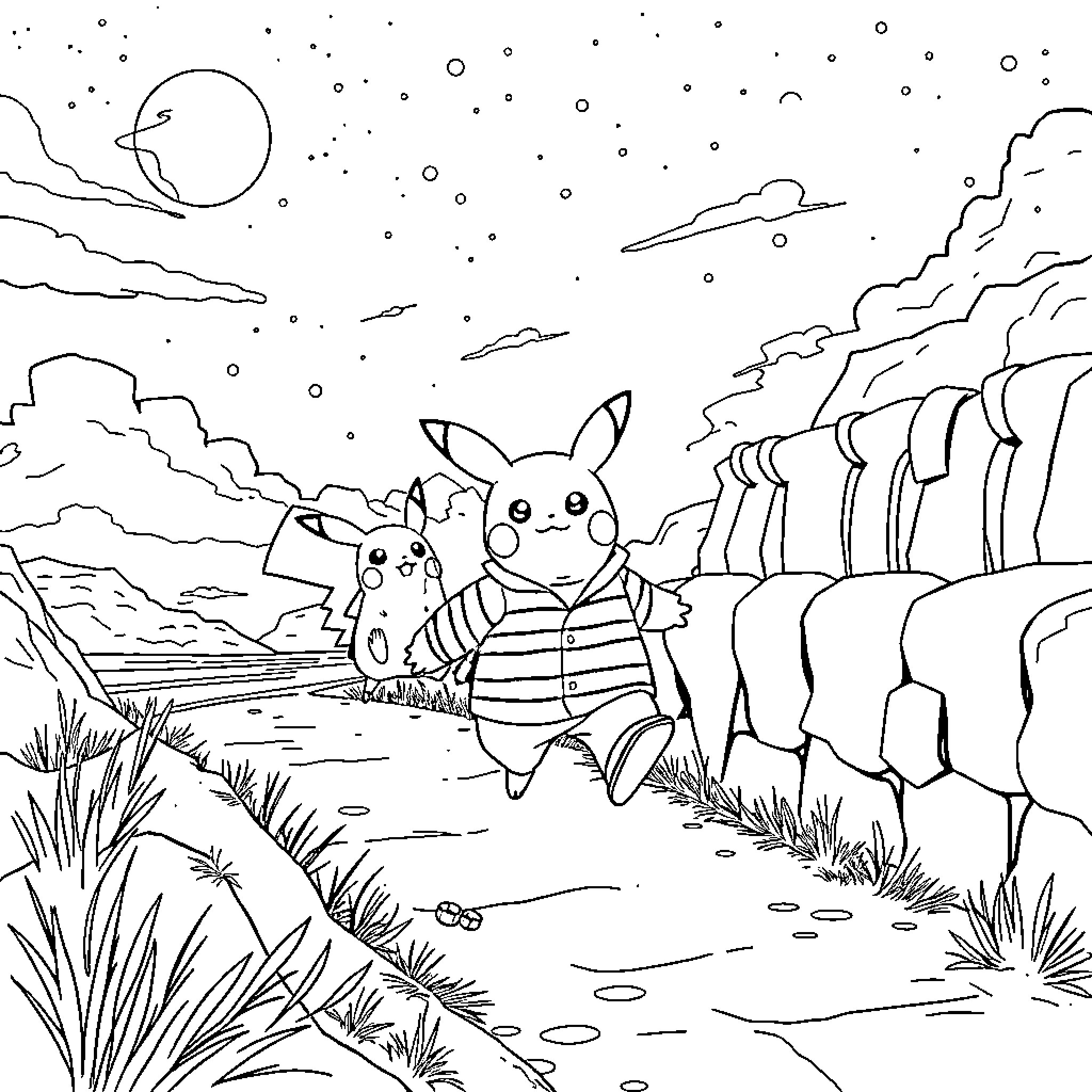 Papa Pikachu and Pika-friend explore the night landscape Coloring Page (free black-and-white line drawing printable PDF for all, from beginners to advanced learners, including children, teens, adults, and seniors)