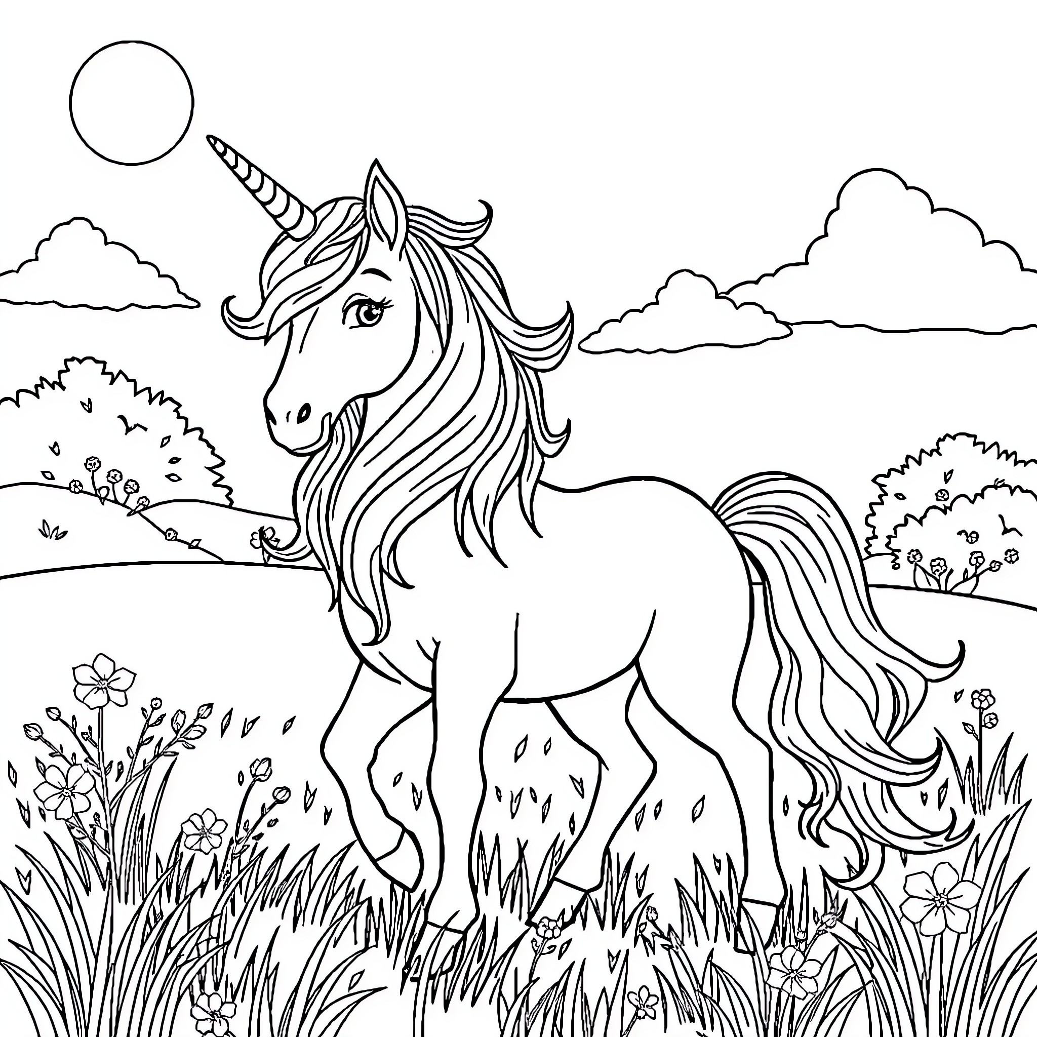 Unicorn standing proudly in a magical field Coloring Page (free black-and-white line drawing printable PDF for all, from beginners to advanced learners, including children, teens, adults, and seniors)