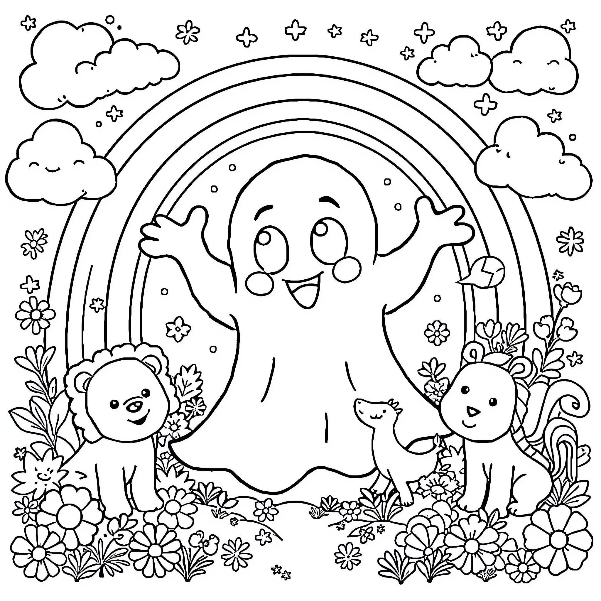 Ghost friends playing happily in the garden Coloring Page (free black-and-white line drawing printable PDF for all, from beginners to advanced learners, including children, teens, adults, and seniors)