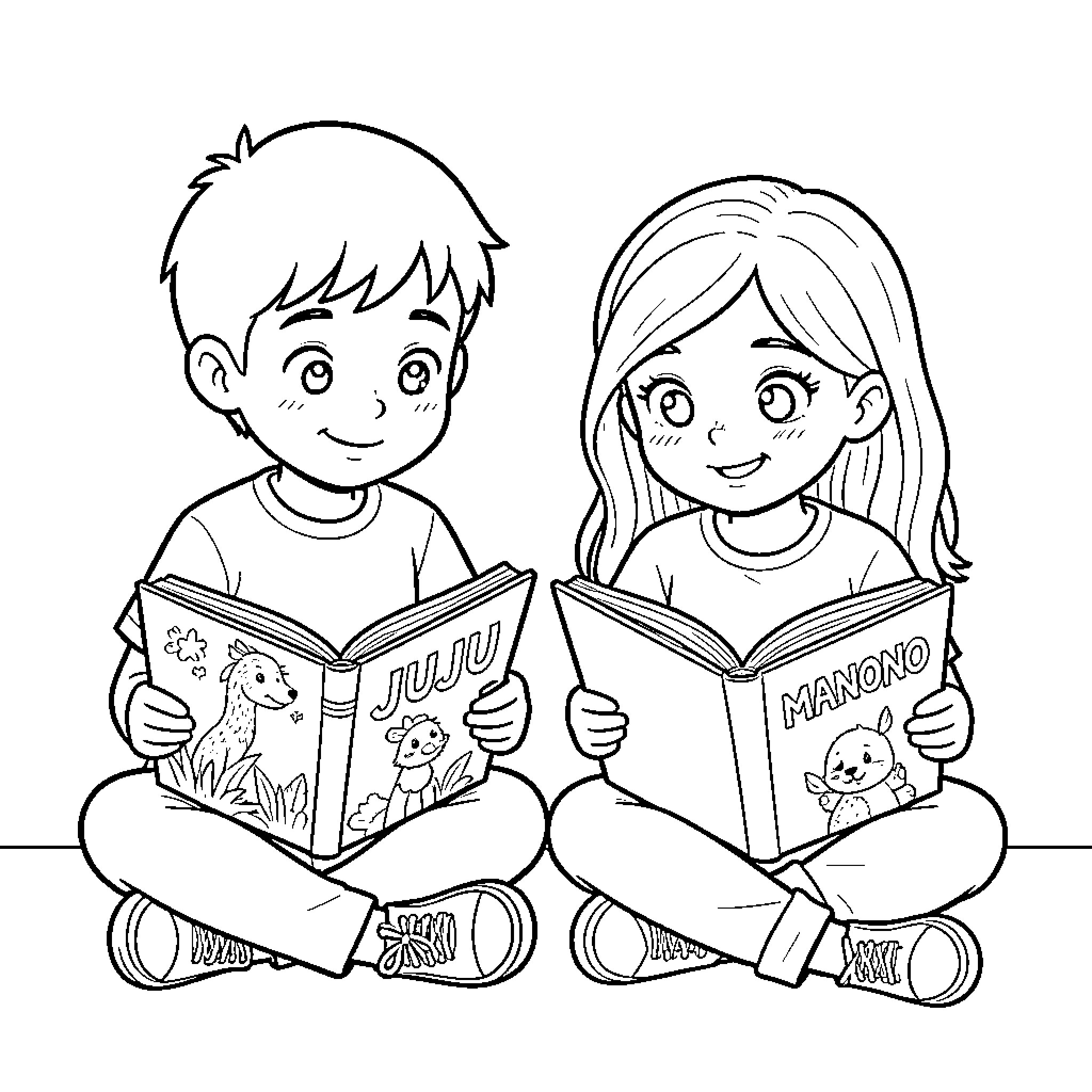 Kid sitting and reading books together happily Coloring Page (free black-and-white line drawing printable PDF for all, from beginners to advanced learners, including children, teens, adults, and seniors)