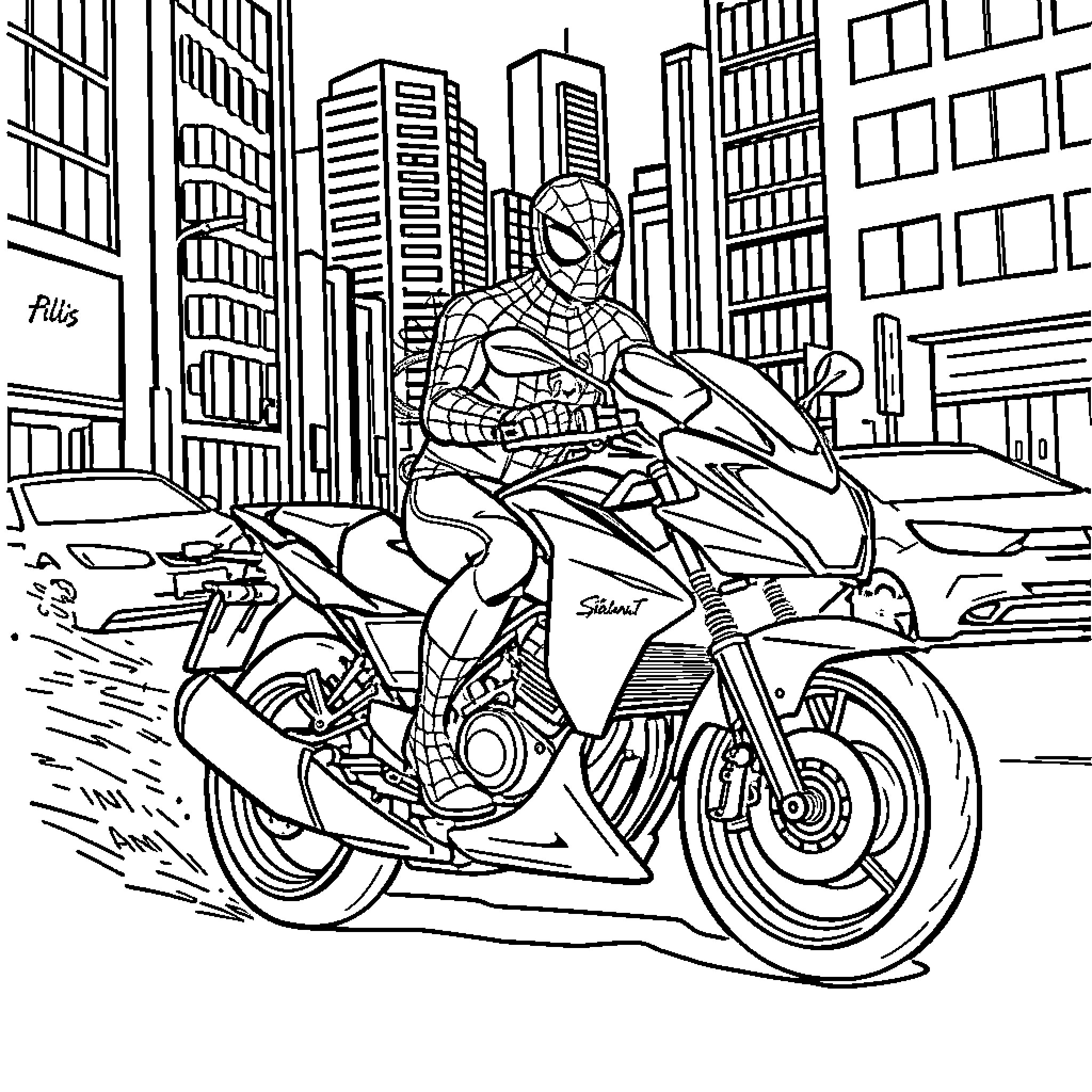 Spiderman riding a motorcycle through the city Coloring Page (free black-and-white line drawing printable PDF for all, from beginners to advanced learners, including children, teens, adults, and seniors)