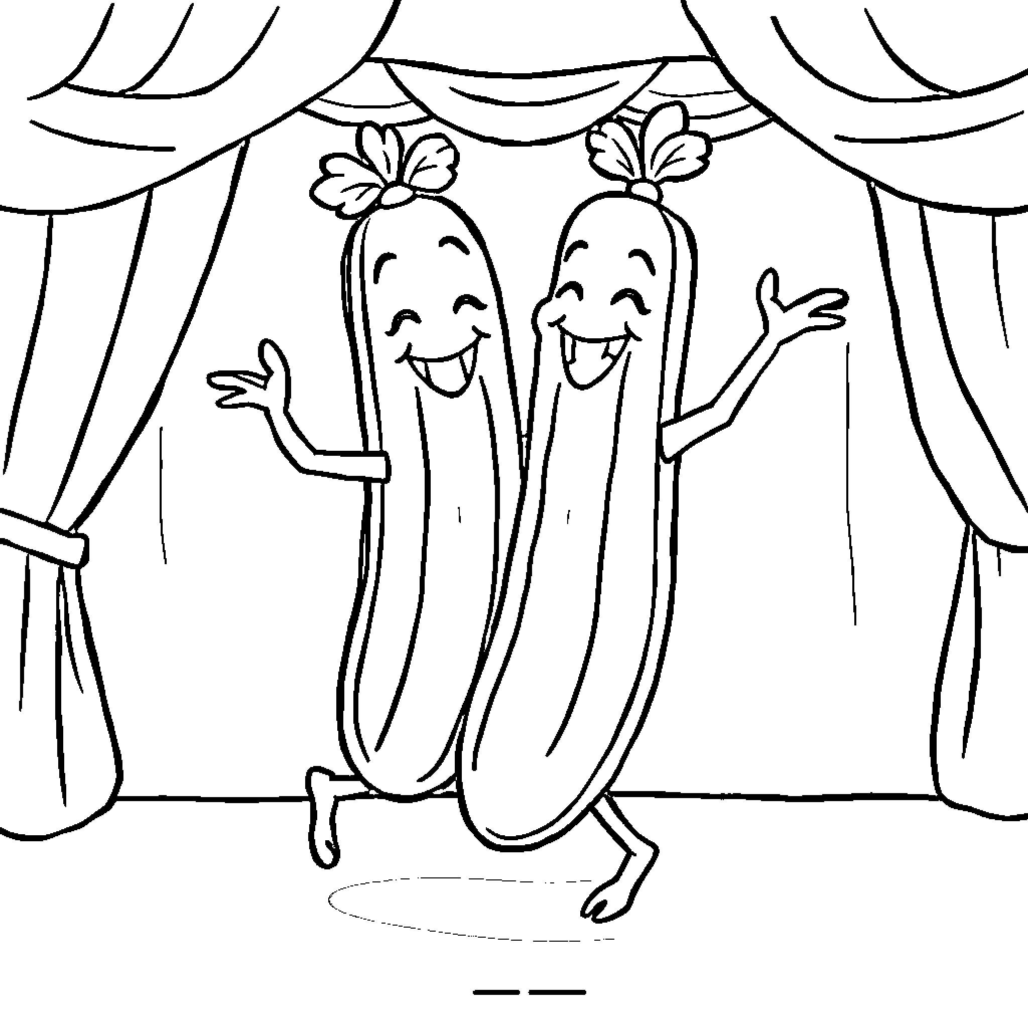 Pickle pals perform on stage Coloring Page (free black-and-white line drawing printable PDF for all, from beginners to advanced learners, including children, teens, adults, and seniors)