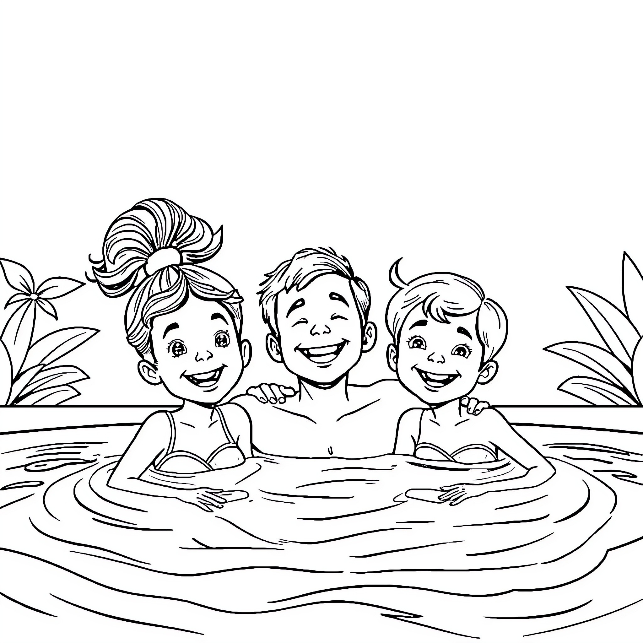 Children swimming happily in the pool Coloring Page (free black-and-white line drawing printable PDF for all, from beginners to advanced learners, including children, teens, adults, and seniors)