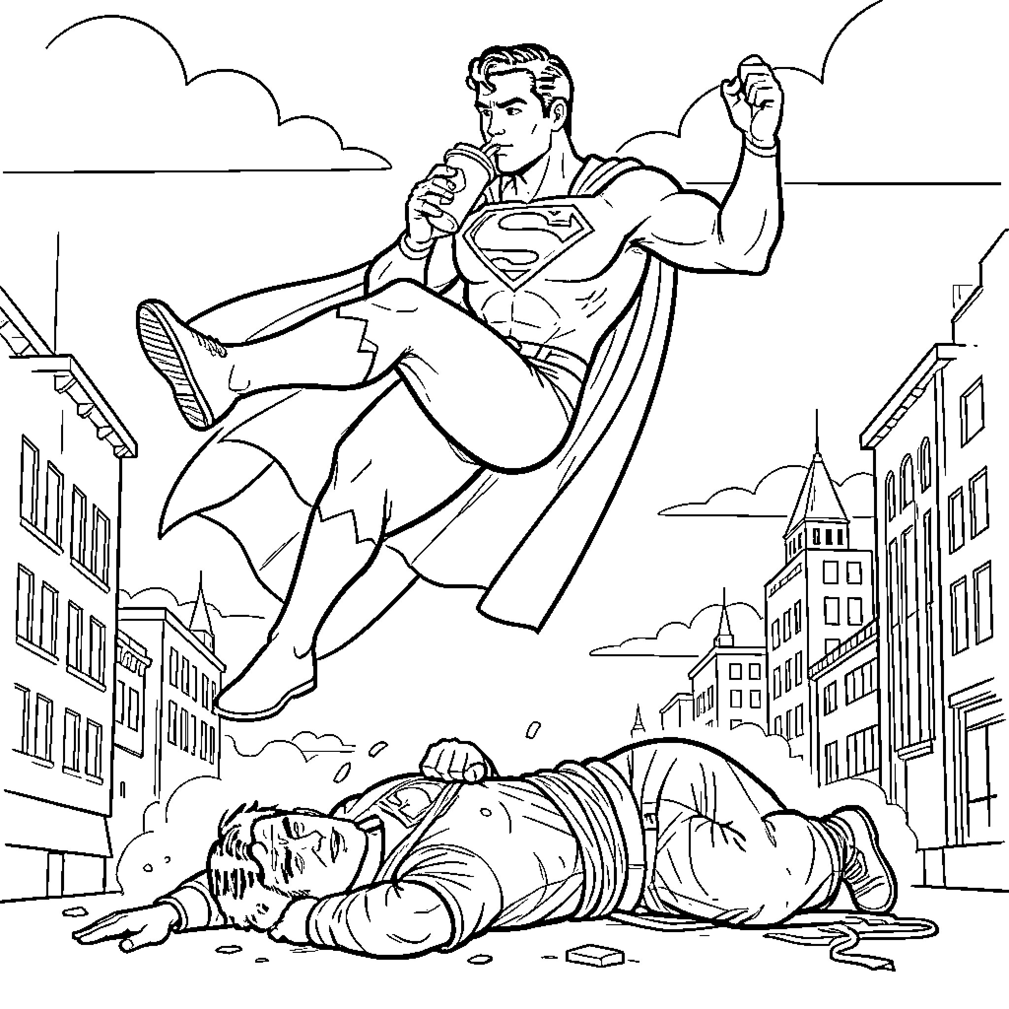 Superman saving the day in the city Coloring Page (free black-and-white line drawing printable PDF for all, from beginners to advanced learners, including children, teens, adults, and seniors)