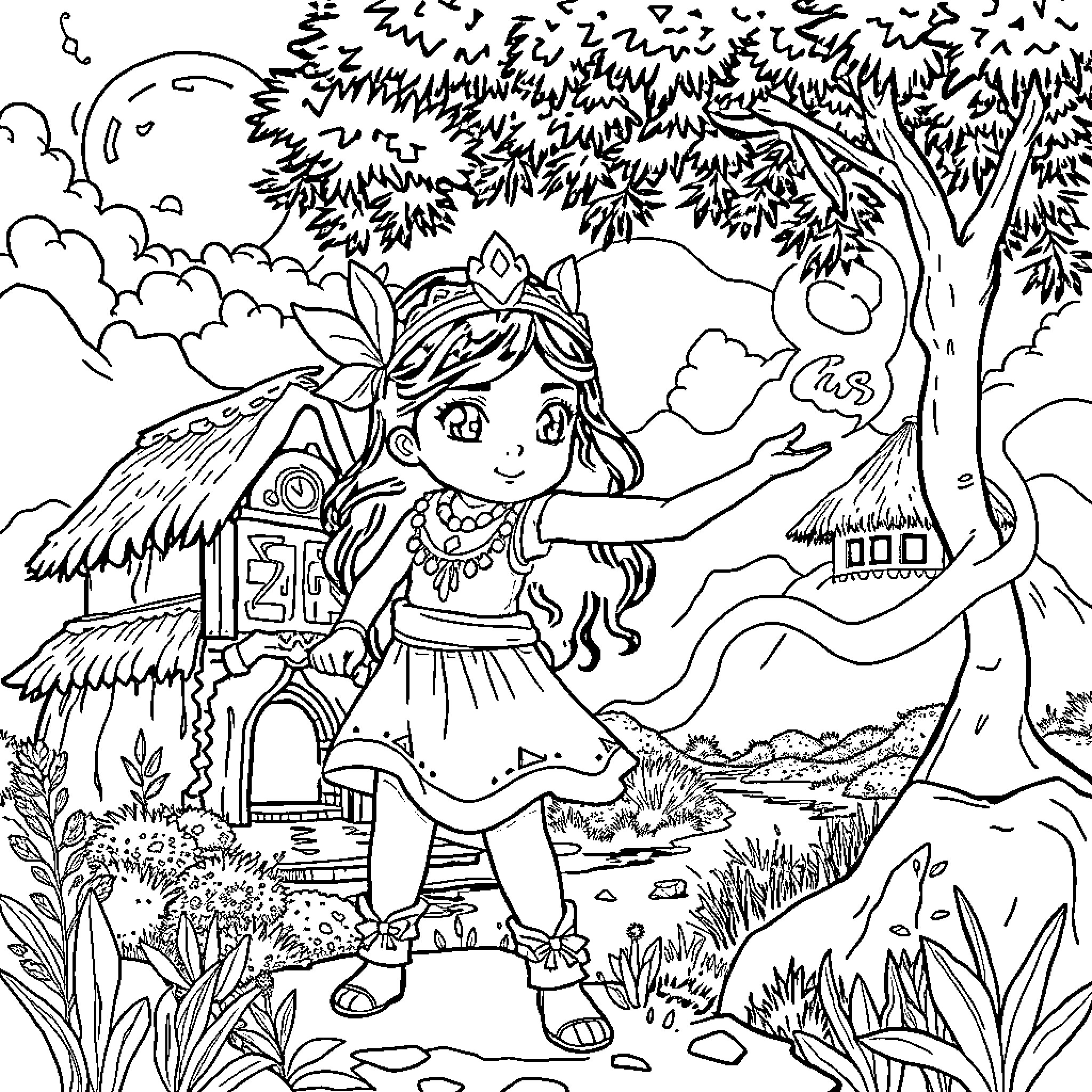 Iyanu pointing toward a small village in nature Coloring Page (free black-and-white line drawing printable PDF for all, from beginners to advanced learners, including children, teens, adults, and seniors)