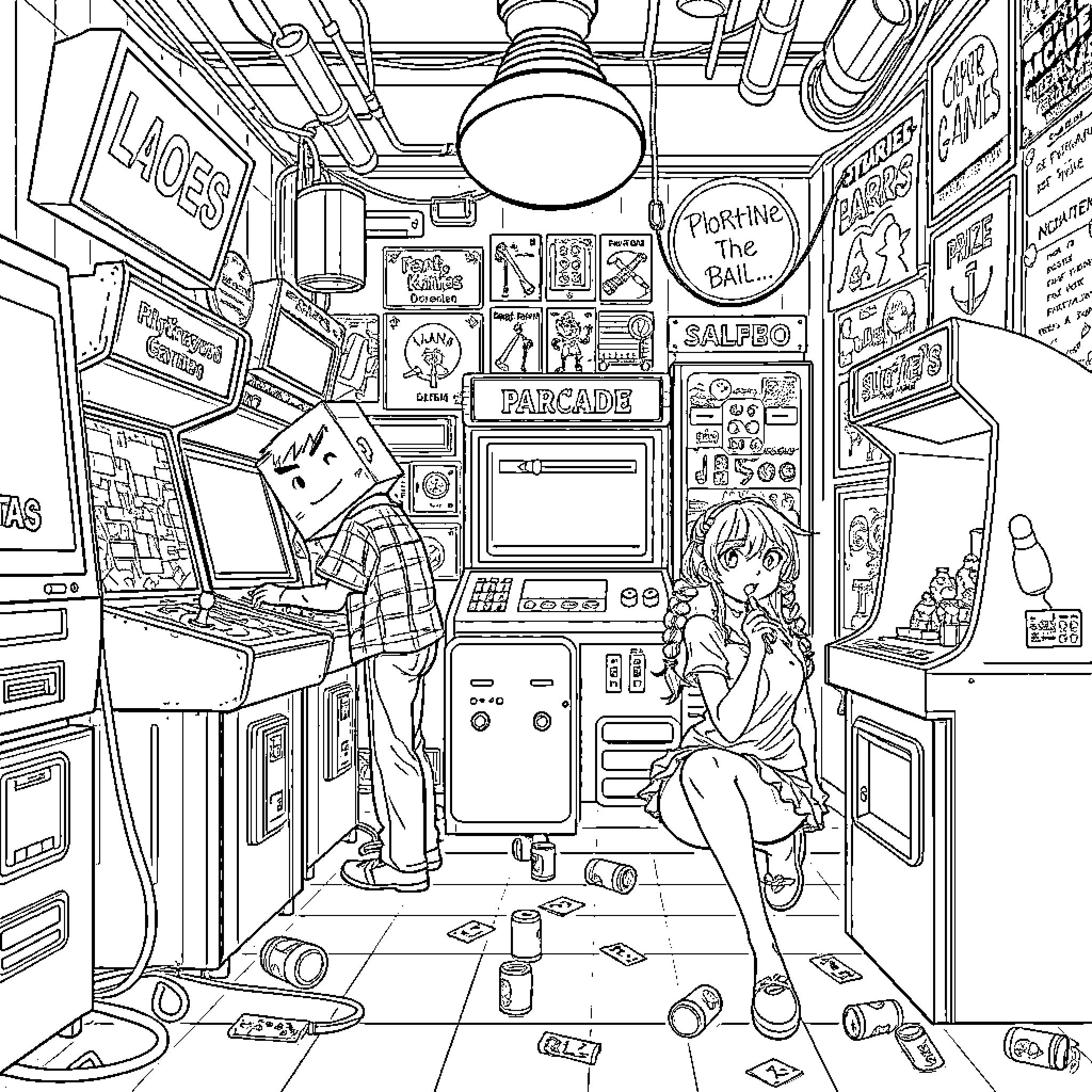Arcade games and toys in a cluttered room Coloring Page (free black-and-white line drawing printable PDF for all, from beginners to advanced learners, including children, teens, adults, and seniors)