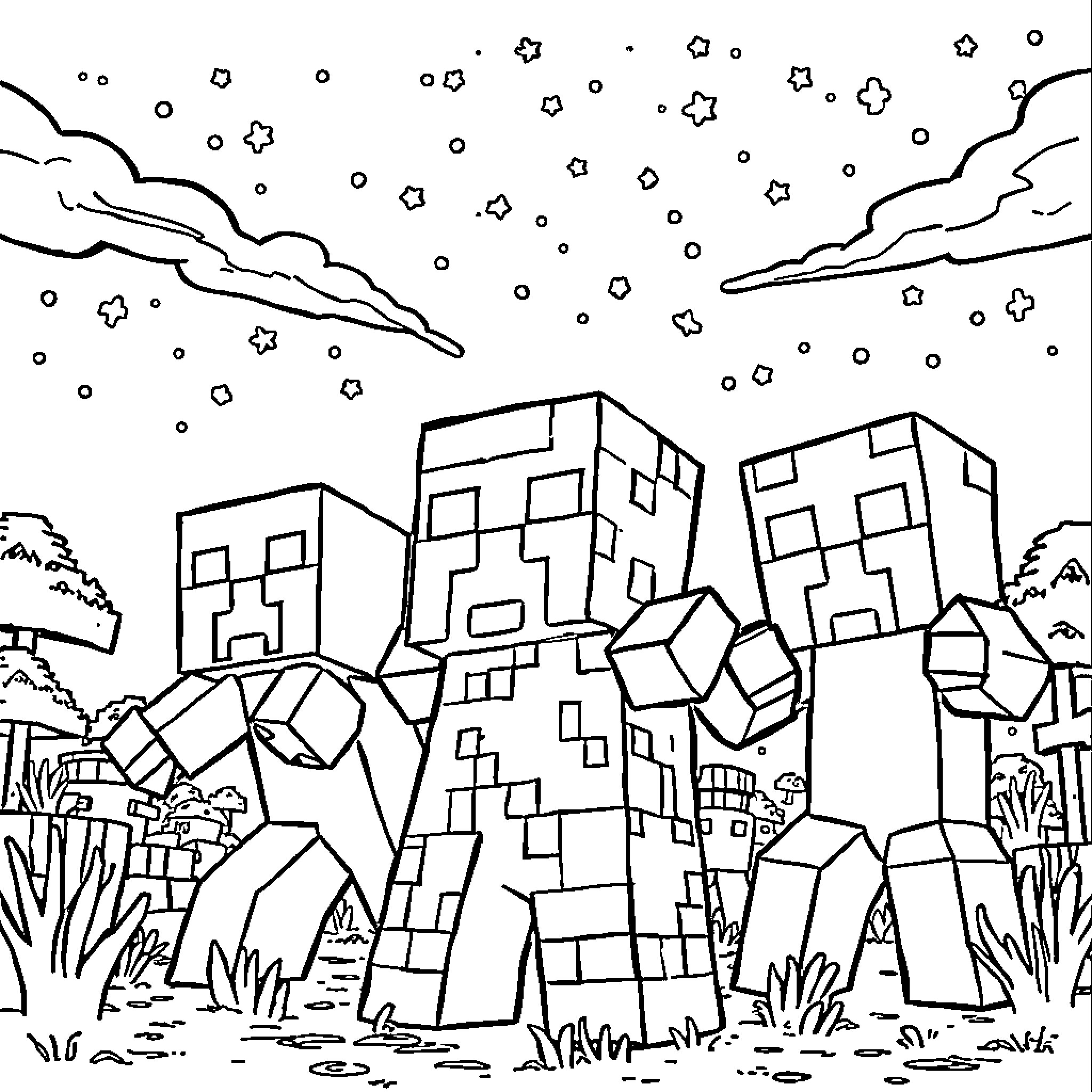 Minecraft Monster Landscape with Blocky Buildings Coloring Page (free black-and-white line drawing printable PDF for all, from beginners to advanced learners, including children, teens, adults, and seniors)