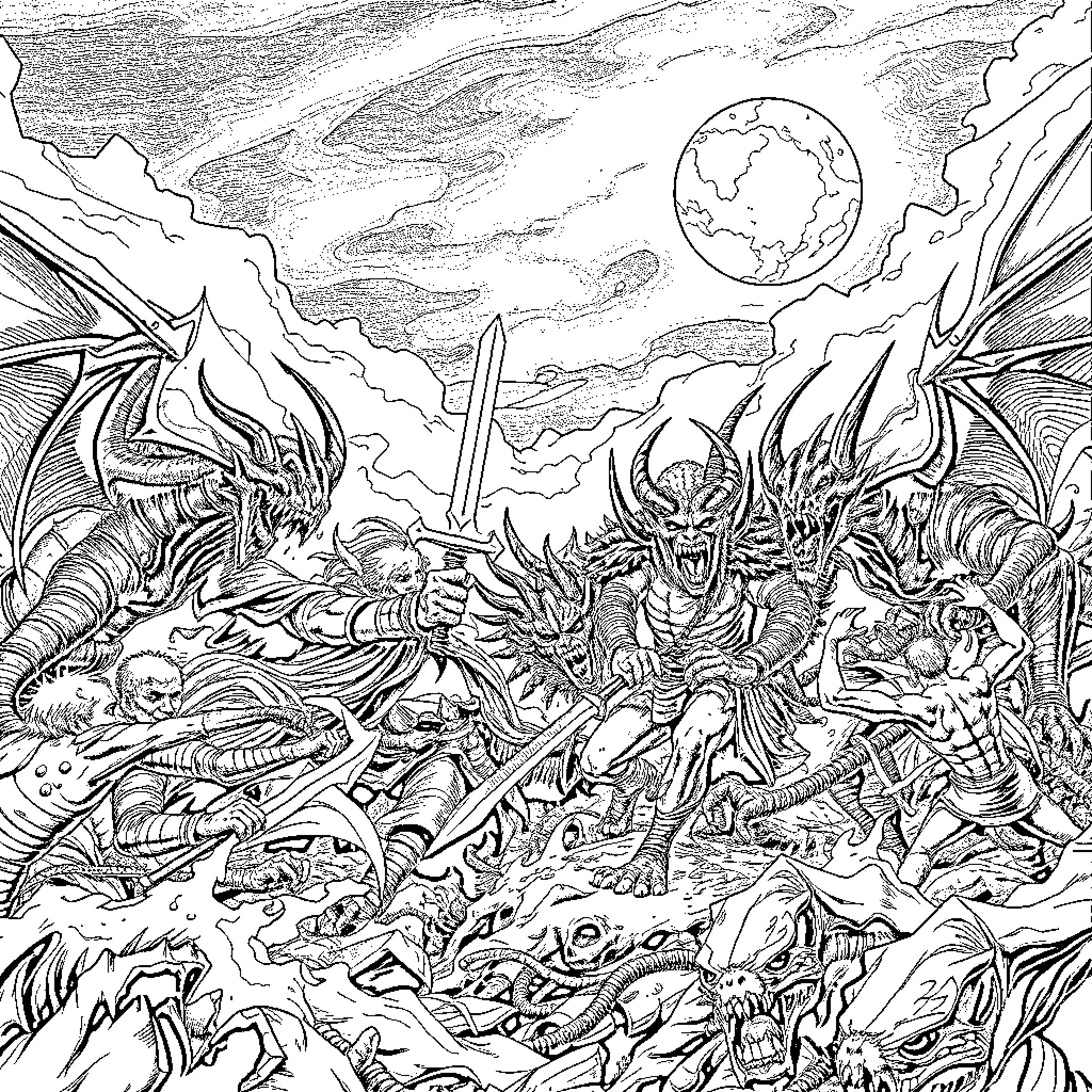 Demon Slayer: Fearsome Creatures in Epic Battle Coloring Page (free black-and-white line drawing printable PDF for all, from beginners to advanced learners, including children, teens, adults, and seniors)