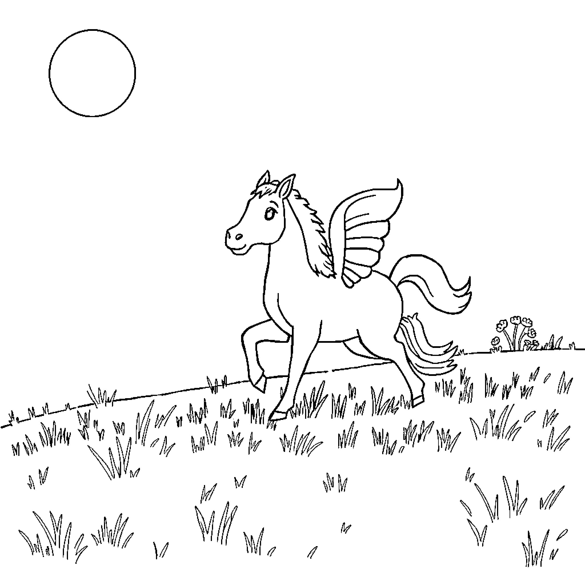 Pheasant with wings soaring in grassy field Coloring Page (free black-and-white line drawing printable PDF for all, from beginners to advanced learners, including children, teens, adults, and seniors)