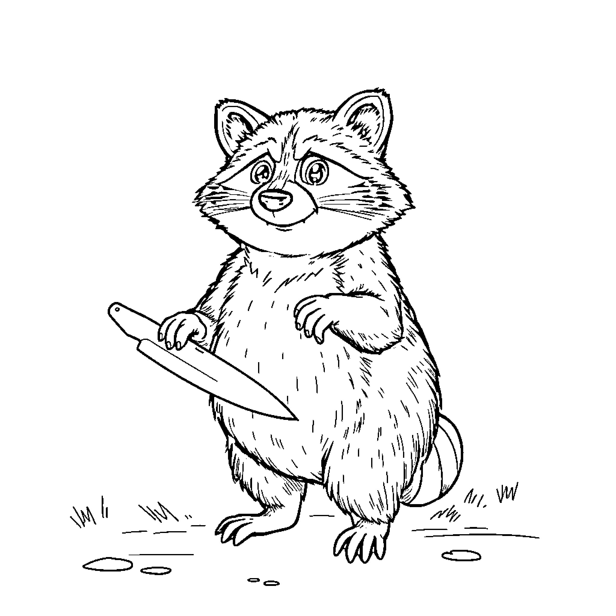Raccoon playing with a frisbee in the outdoors Coloring Page (free black-and-white line drawing printable PDF for all, from beginners to advanced learners, including children, teens, adults, and seniors)