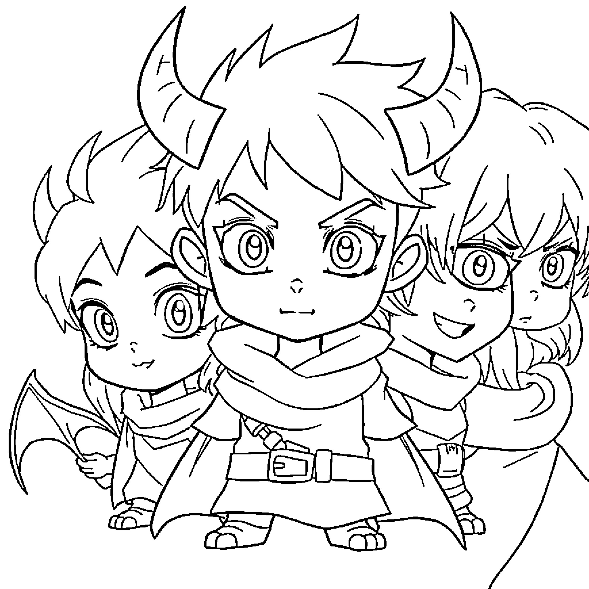 Demon Slayer characters in action poses Coloring Page (free black-and-white line drawing printable PDF for all, from beginners to advanced learners, including children, teens, adults, and seniors)