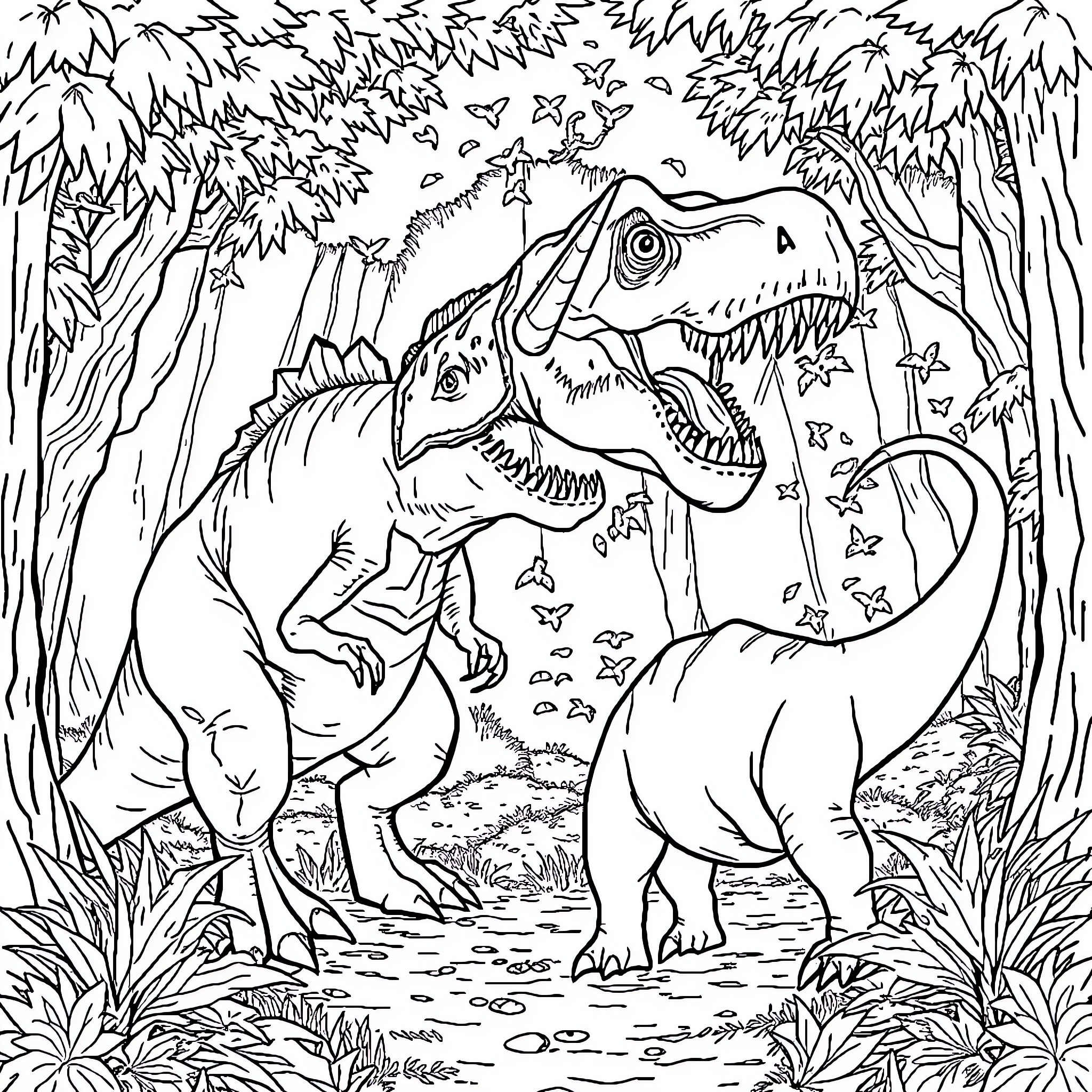 Einhorn Dinosaurs Roaming in Prehistoric Jungle Coloring Page (free black-and-white line drawing printable PDF for all, from beginners to advanced learners, including children, teens, adults, and seniors)