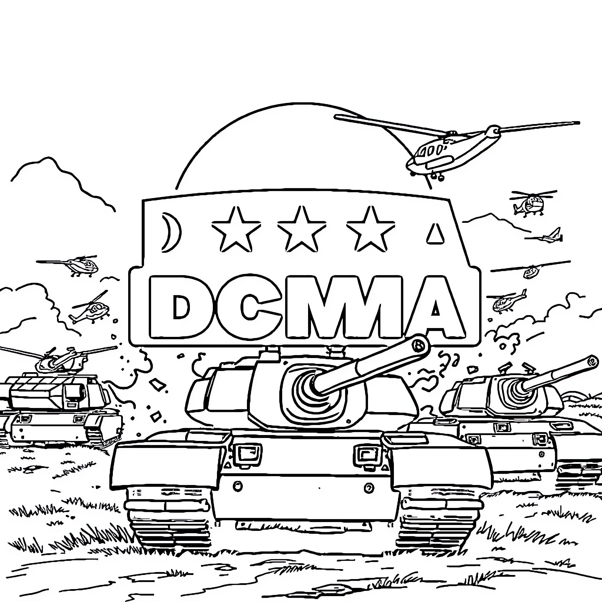 DCMA: Military Vehicles and Helicopters in Action Coloring Page (free black-and-white line drawing printable PDF for all, from beginners to advanced learners, including children, teens, adults, and seniors)