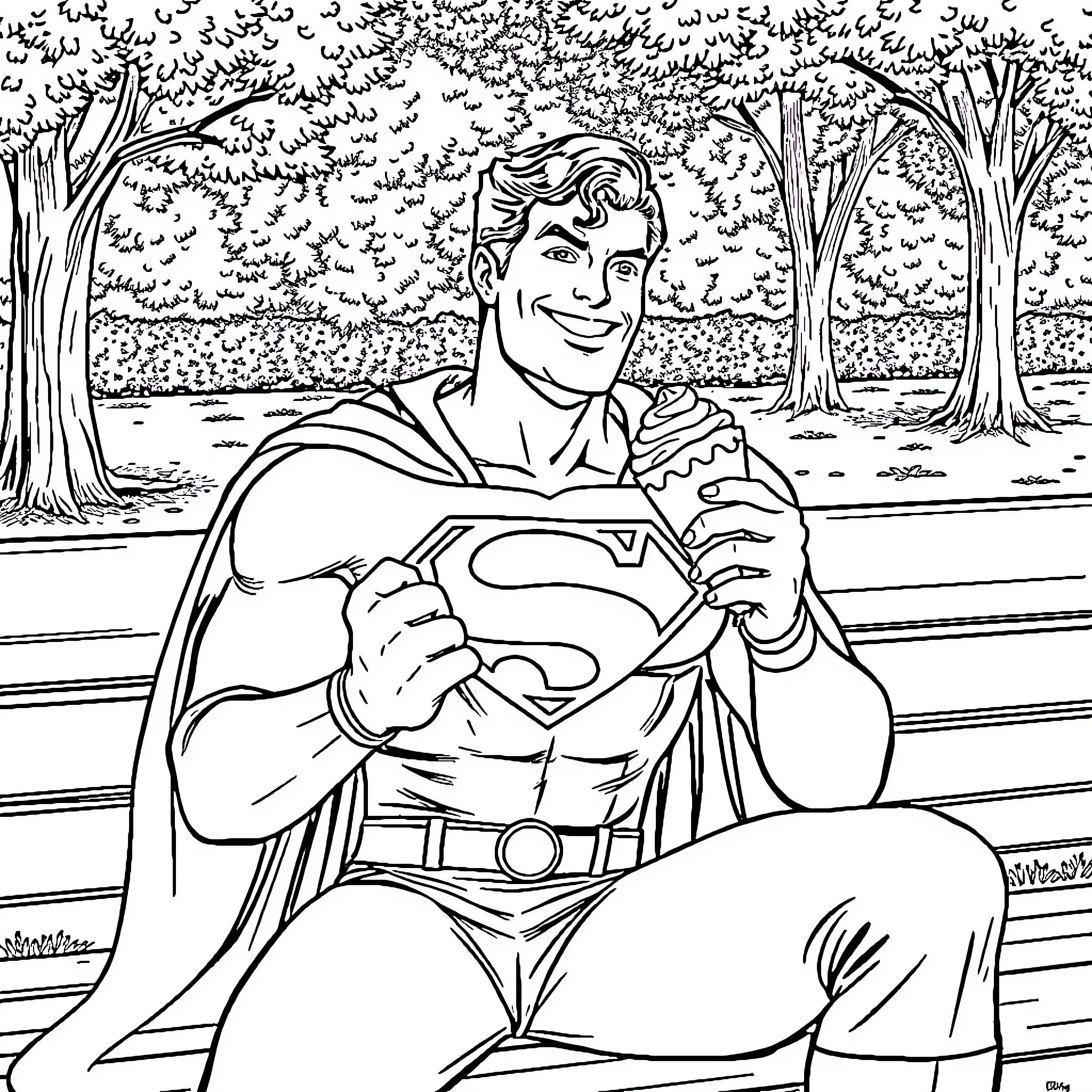 Superman enjoying a relaxing day in the park Coloring Page (free black-and-white line drawing printable PDF for all, from beginners to advanced learners, including children, teens, adults, and seniors)