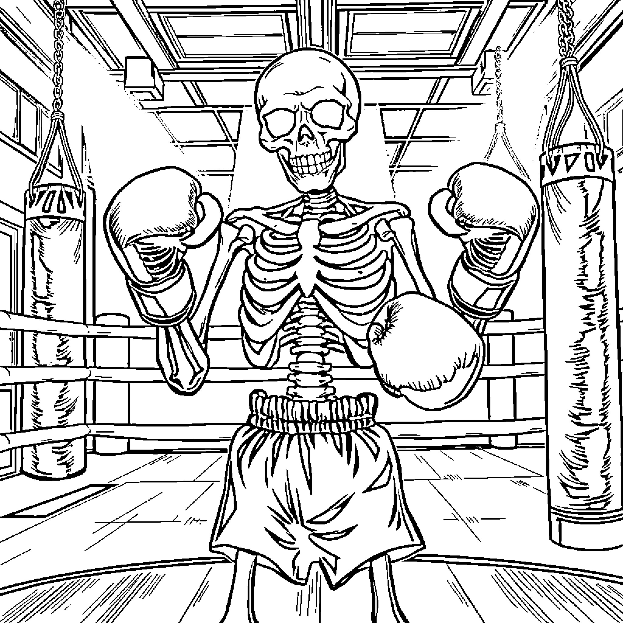 Skeleton boxer training in the gym Coloring Page (free black-and-white line drawing printable PDF for all, from beginners to advanced learners, including children, teens, adults, and seniors)
