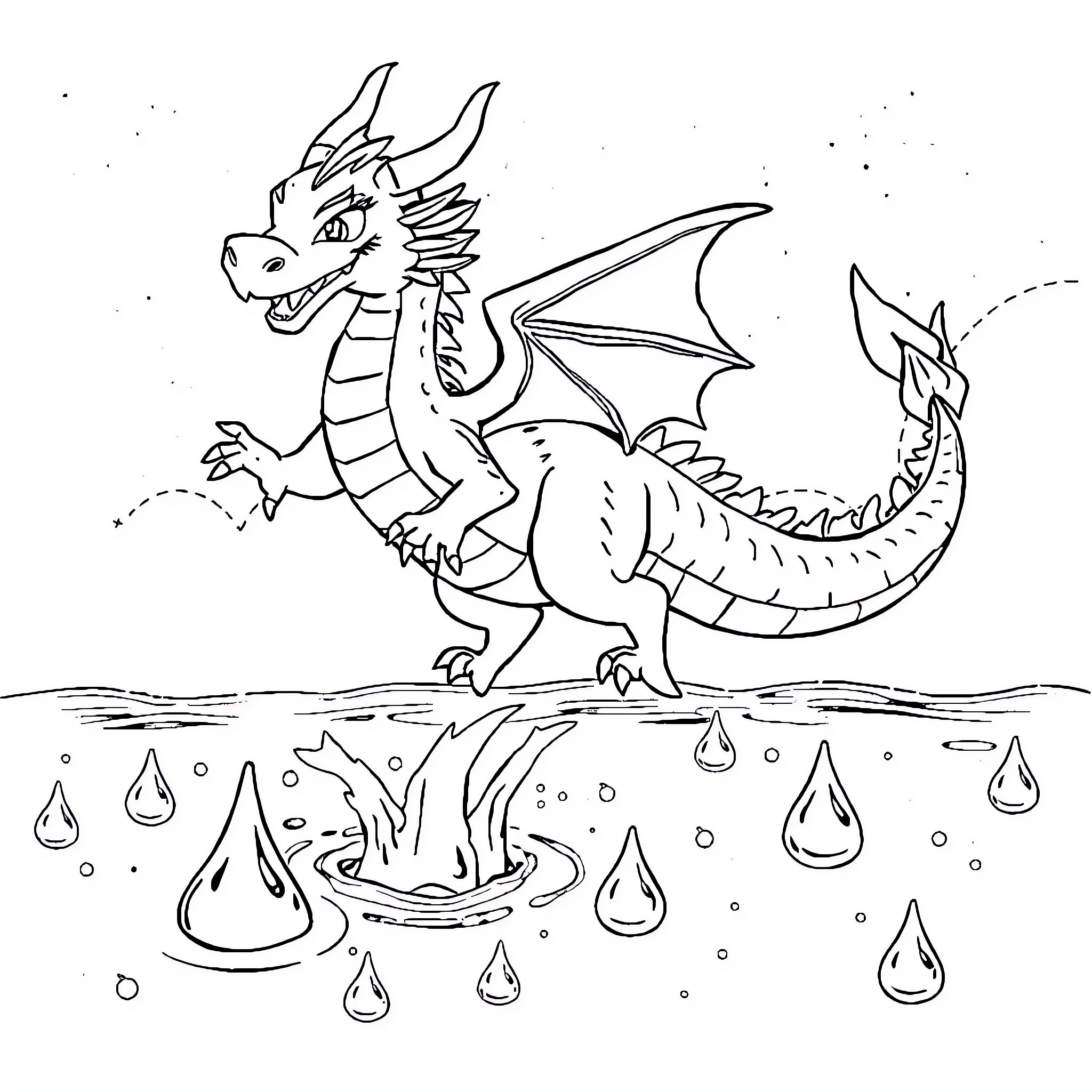 Sisu dragon soaring through the rainy landscape Coloring Page (free black-and-white line drawing printable PDF for all, from beginners to advanced learners, including children, teens, adults, and seniors)