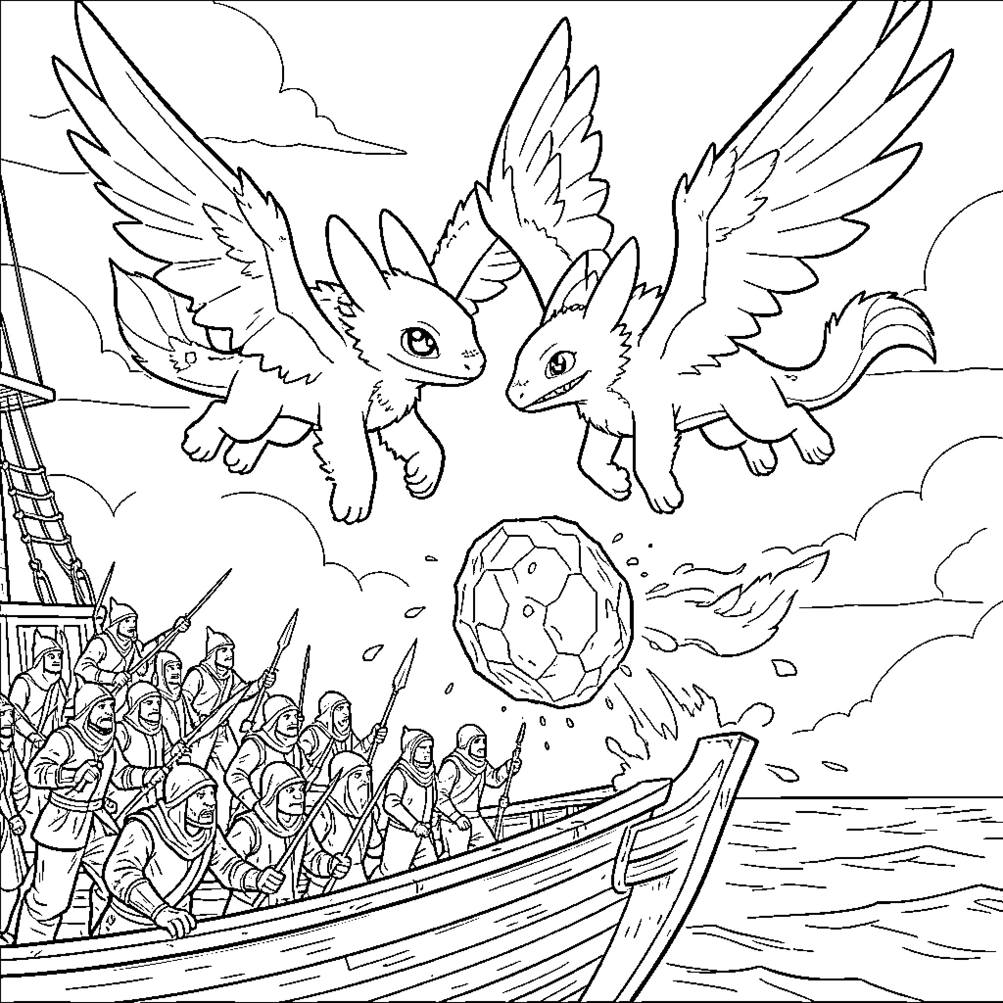 Toothless and dragons flying above a sailing ship Coloring Page (free black-and-white line drawing printable PDF for all, from beginners to advanced learners, including children, teens, adults, and seniors)