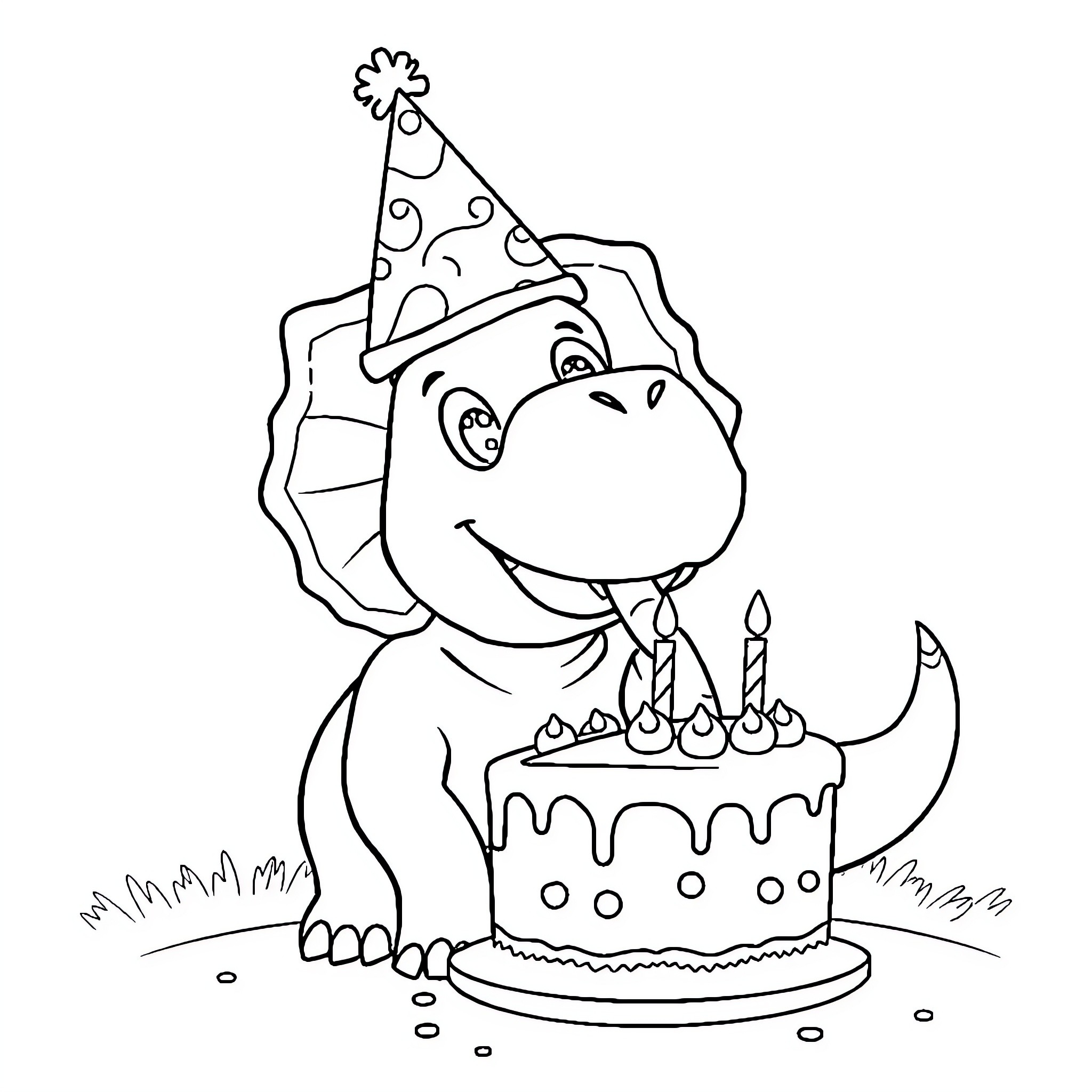 Triceratops celebrating birthday with cake Coloring Page (free black-and-white line drawing printable PDF for all, from beginners to advanced learners, including children, teens, adults, and seniors)