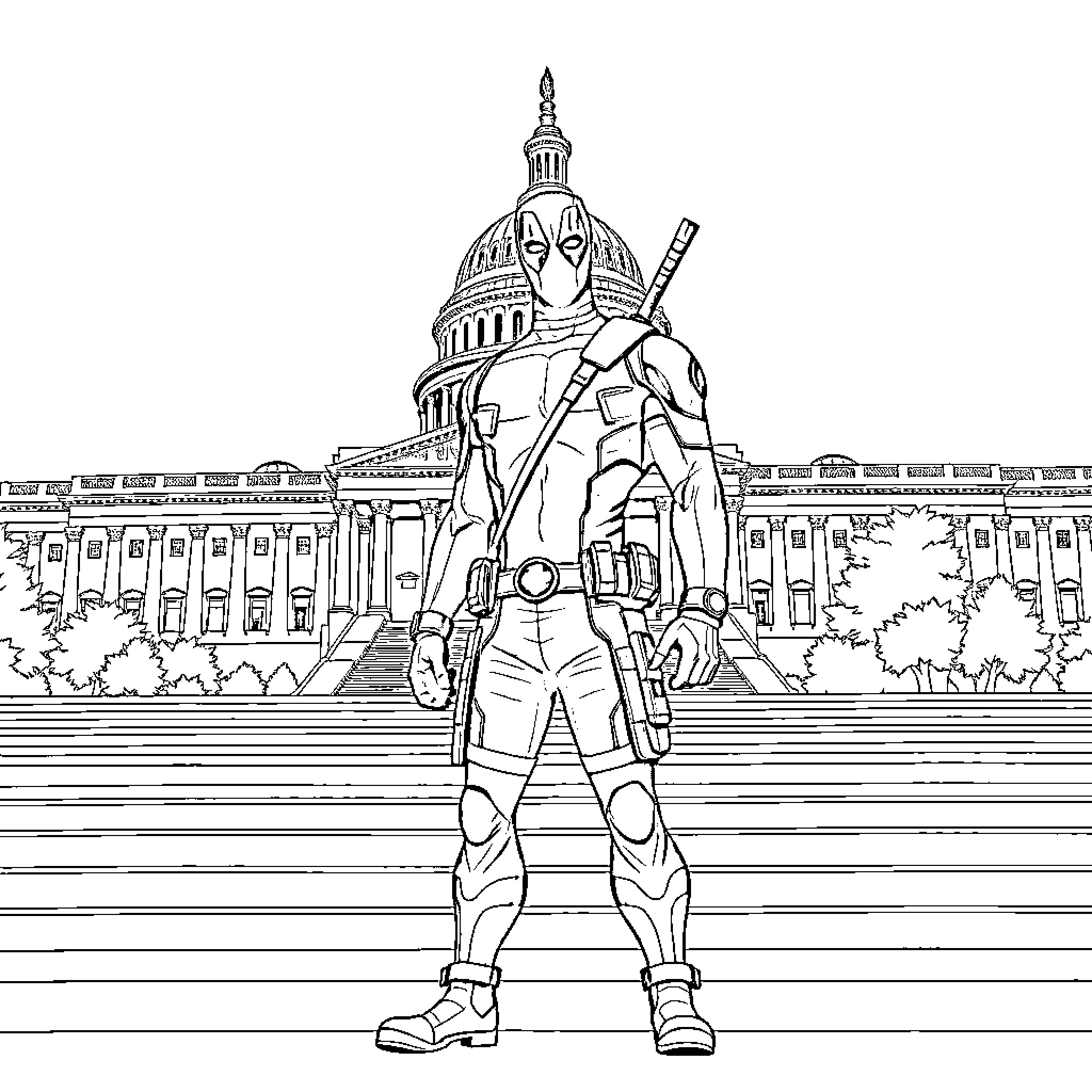 Deadpool standing heroically in front of the Capitol building Coloring Page (free black-and-white line drawing printable PDF for all, from beginners to advanced learners, including children, teens, adults, and seniors)