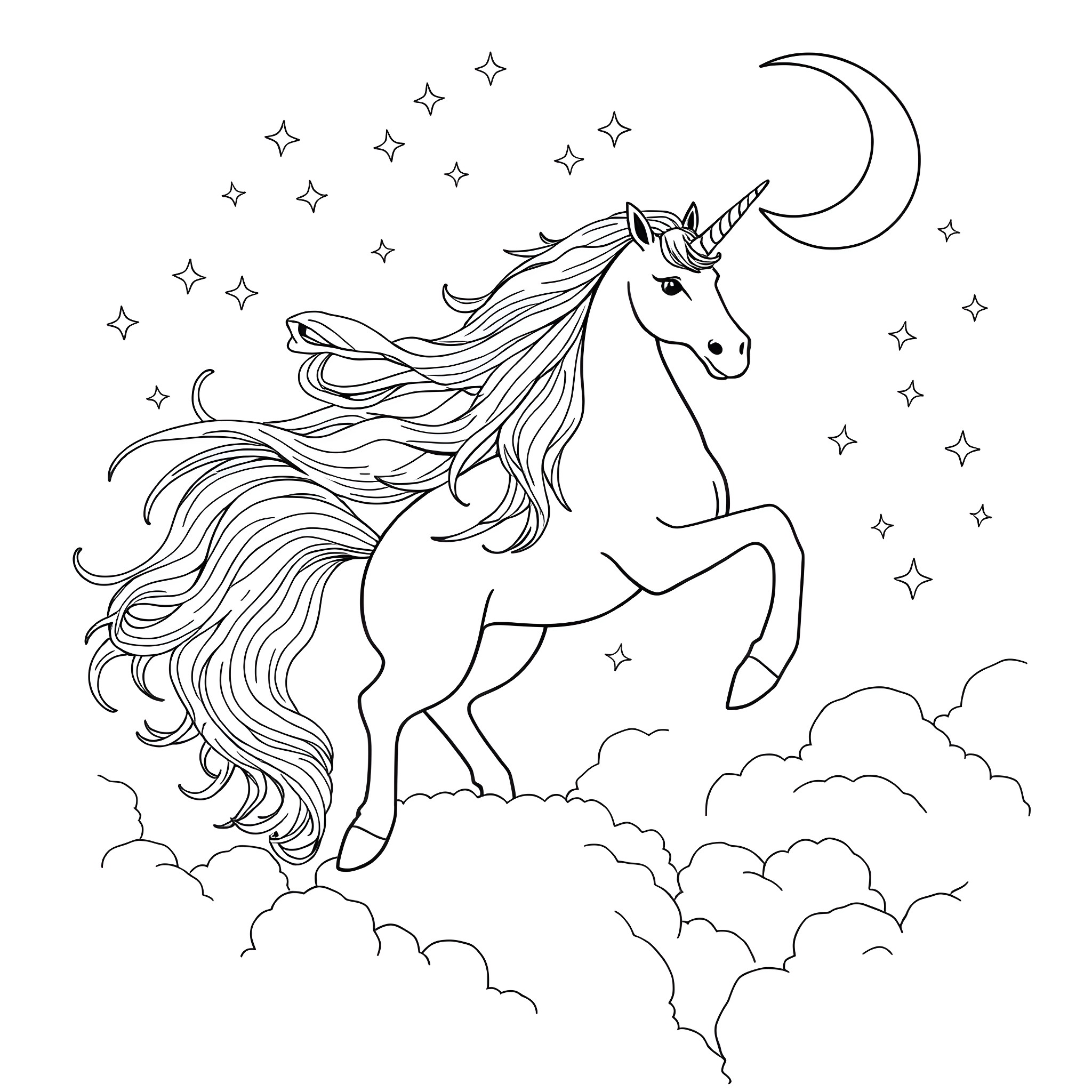 Unicorn galloping in the starry night sky Coloring Page (free black-and-white line drawing printable PDF for all, from beginners to advanced learners, including children, teens, adults, and seniors)