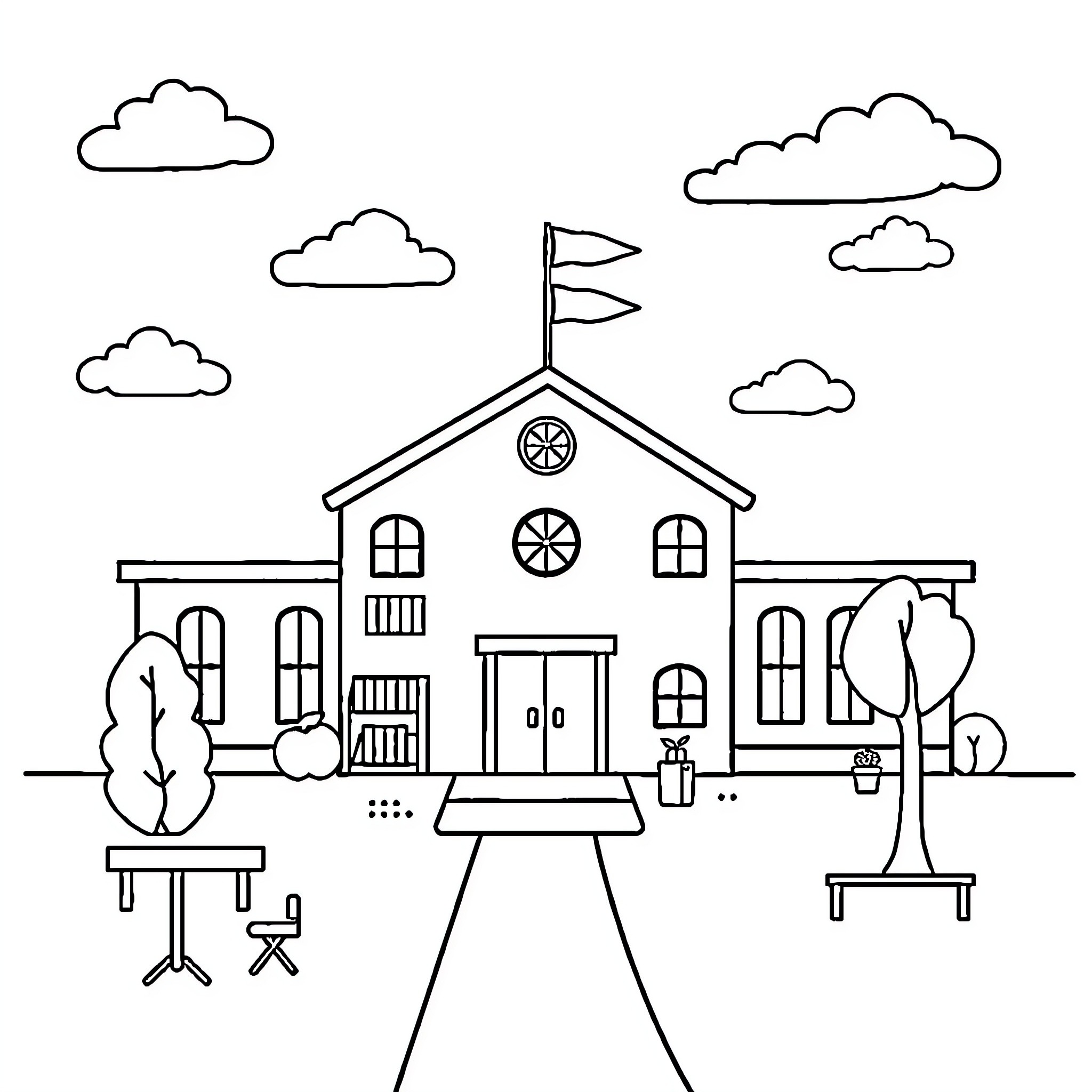 School building with outdoor classroom scene Coloring Page (free black-and-white line drawing printable PDF for all, from beginners to advanced learners, including children, teens, adults, and seniors)