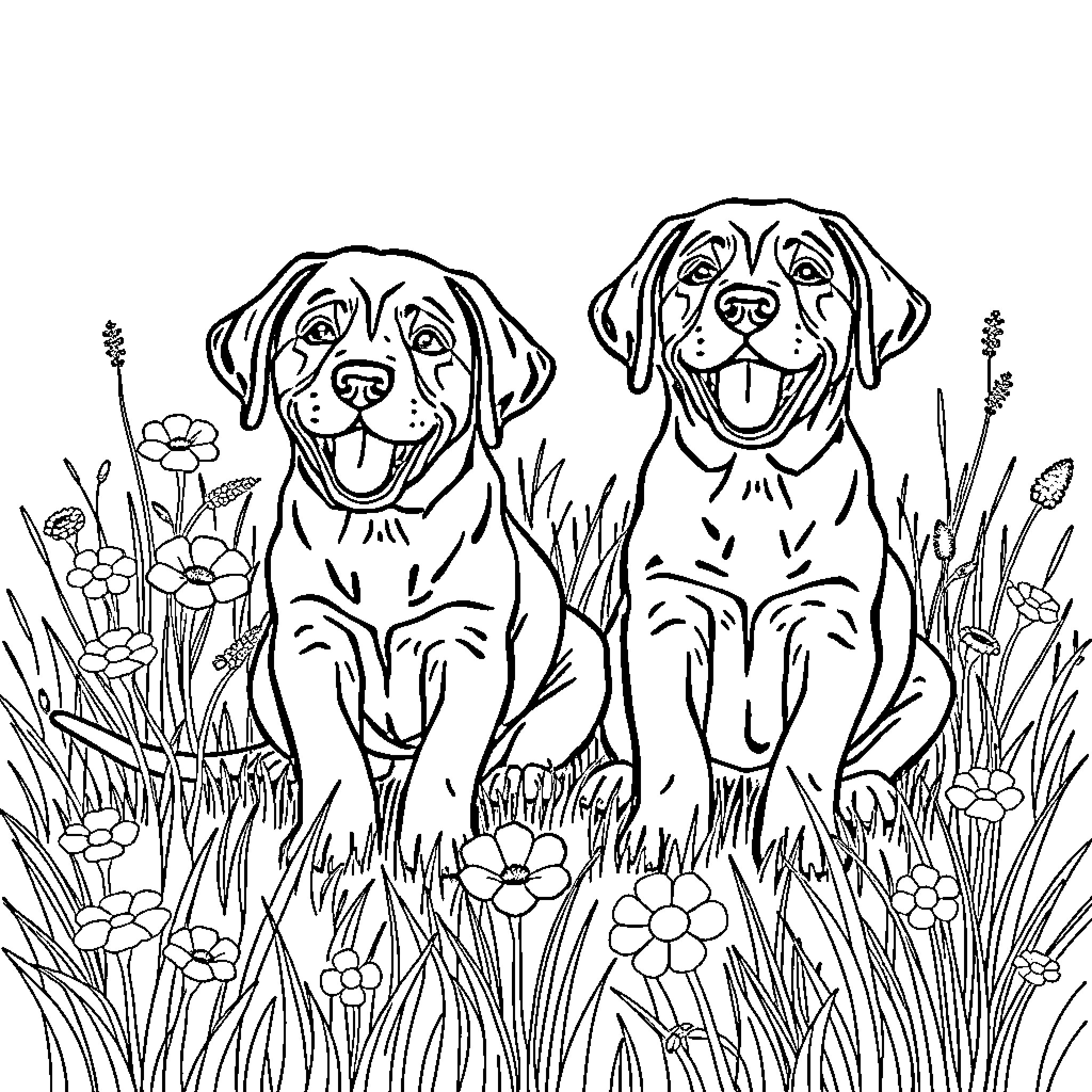 Labrador companions enjoying the outdoors Coloring Page (free black-and-white line drawing printable PDF for all, from beginners to advanced learners, including children, teens, adults, and seniors)