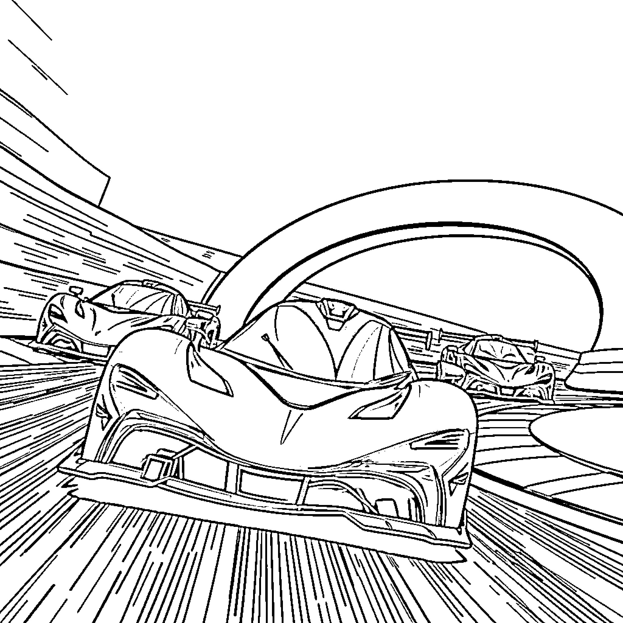 McLaren racing car on high-speed track Coloring Page (free black-and-white line drawing printable PDF for all, from beginners to advanced learners, including children, teens, adults, and seniors)