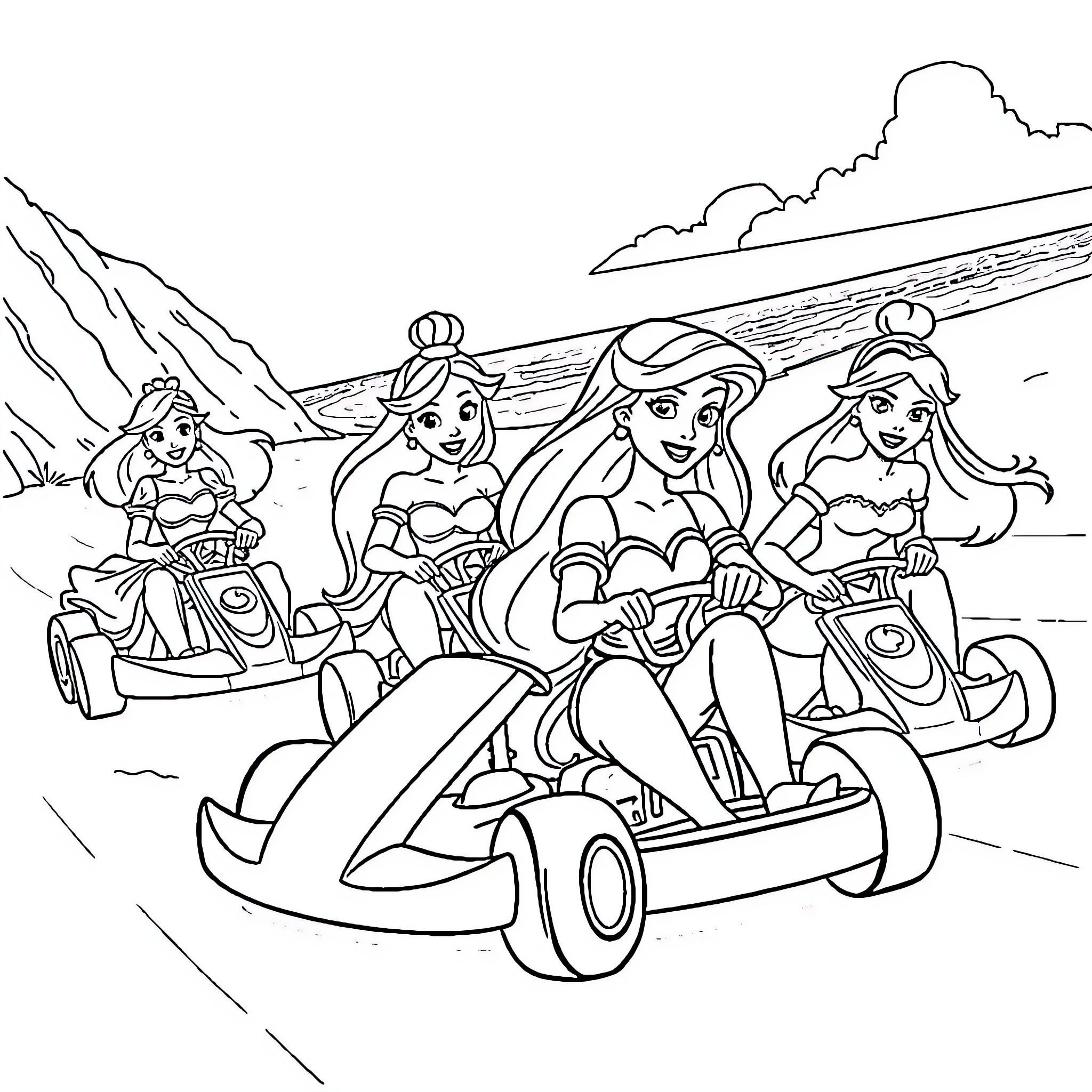 Disney Princess Go-Kart Racing Adventure Coloring Page (free black-and-white line drawing printable PDF for all, from beginners to advanced learners, including children, teens, adults, and seniors)