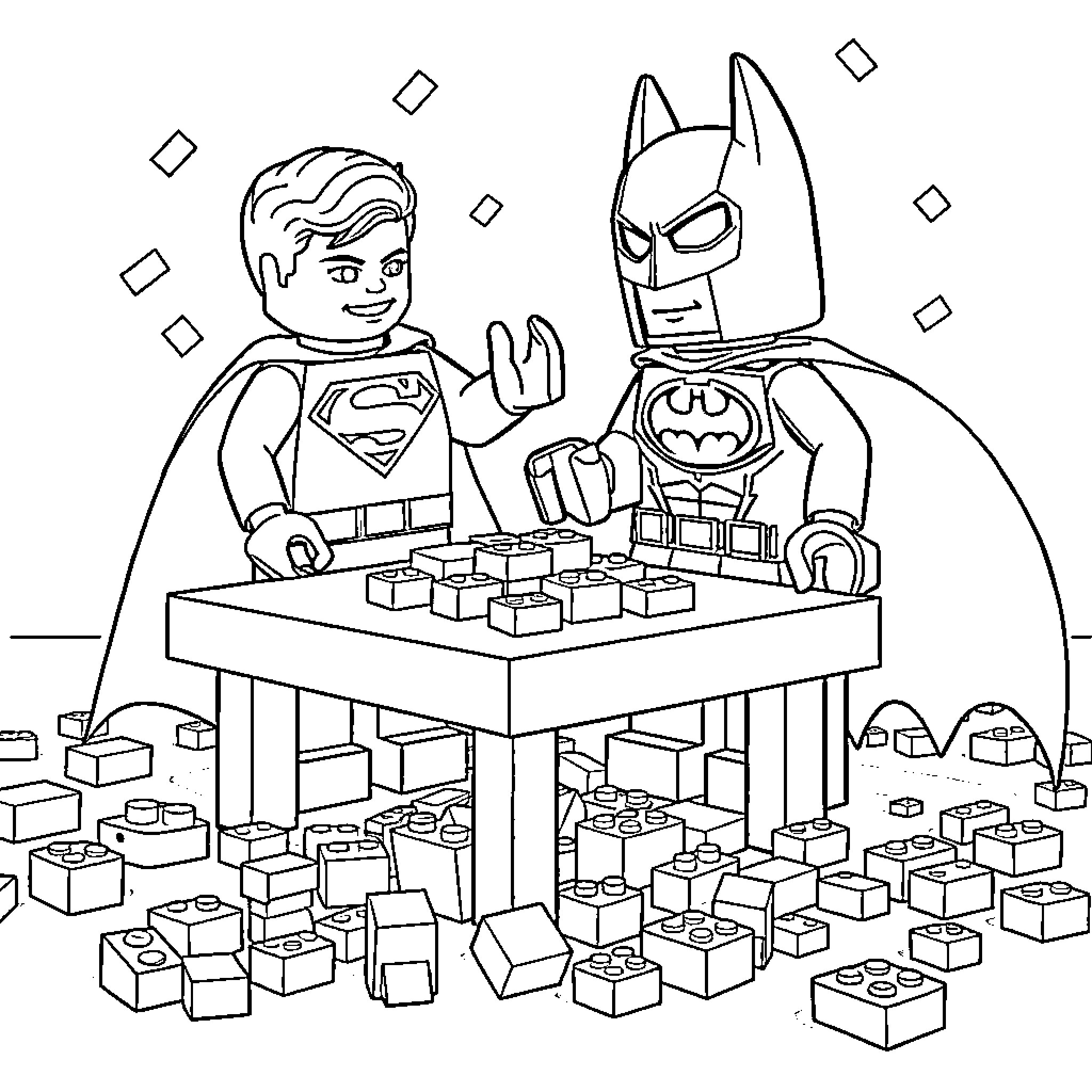 Superman and Batman playing with Lego blocks Coloring Page (free black-and-white line drawing printable PDF for all, from beginners to advanced learners, including children, teens, adults, and seniors)