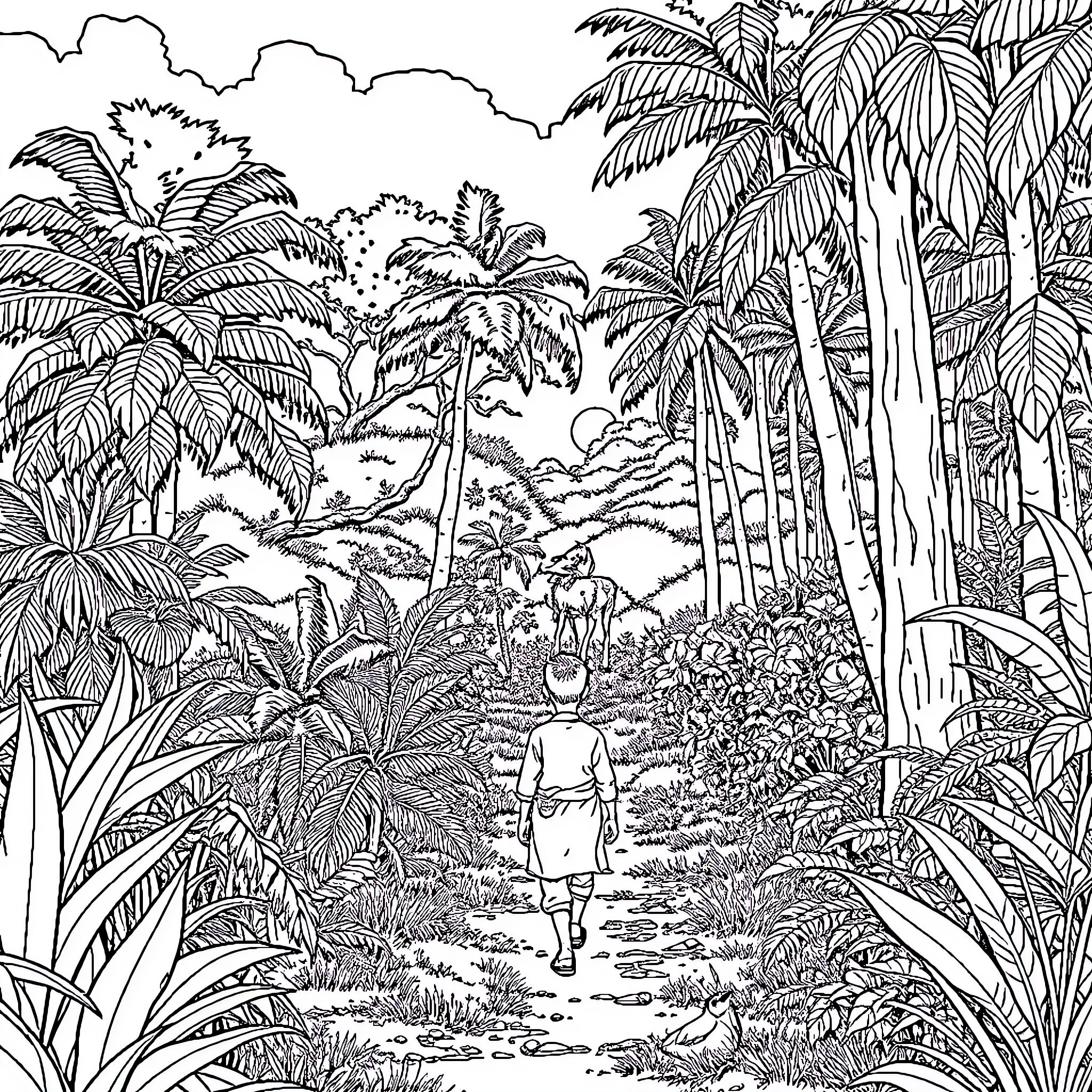 Boy exploring lush tropical forest landscape Coloring Page (free black-and-white line drawing printable PDF for all, from beginners to advanced learners, including children, teens, adults, and seniors)