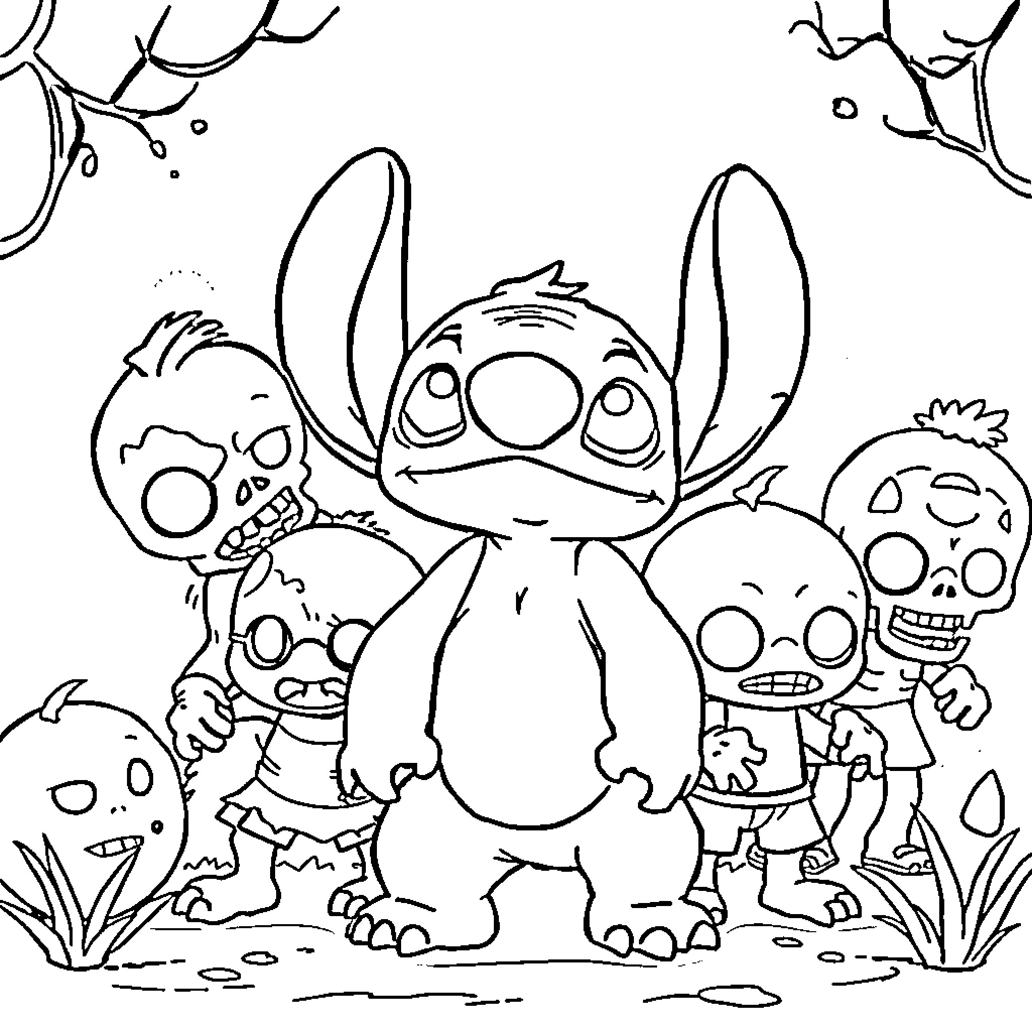 Stitch surrounded by whimsical characters Coloring Page (free black-and-white line drawing printable PDF for all, from beginners to advanced learners, including children, teens, adults, and seniors)