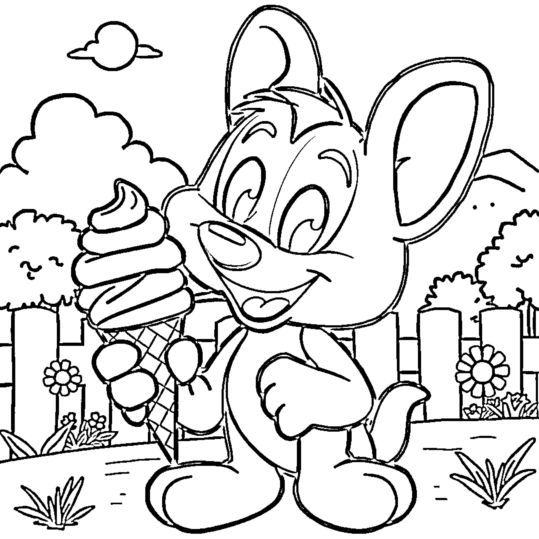 Bluey enjoying an ice cream outdoors Coloring Page (free black-and-white line drawing printable PDF for all, from beginners to advanced learners, including children, teens, adults, and seniors)