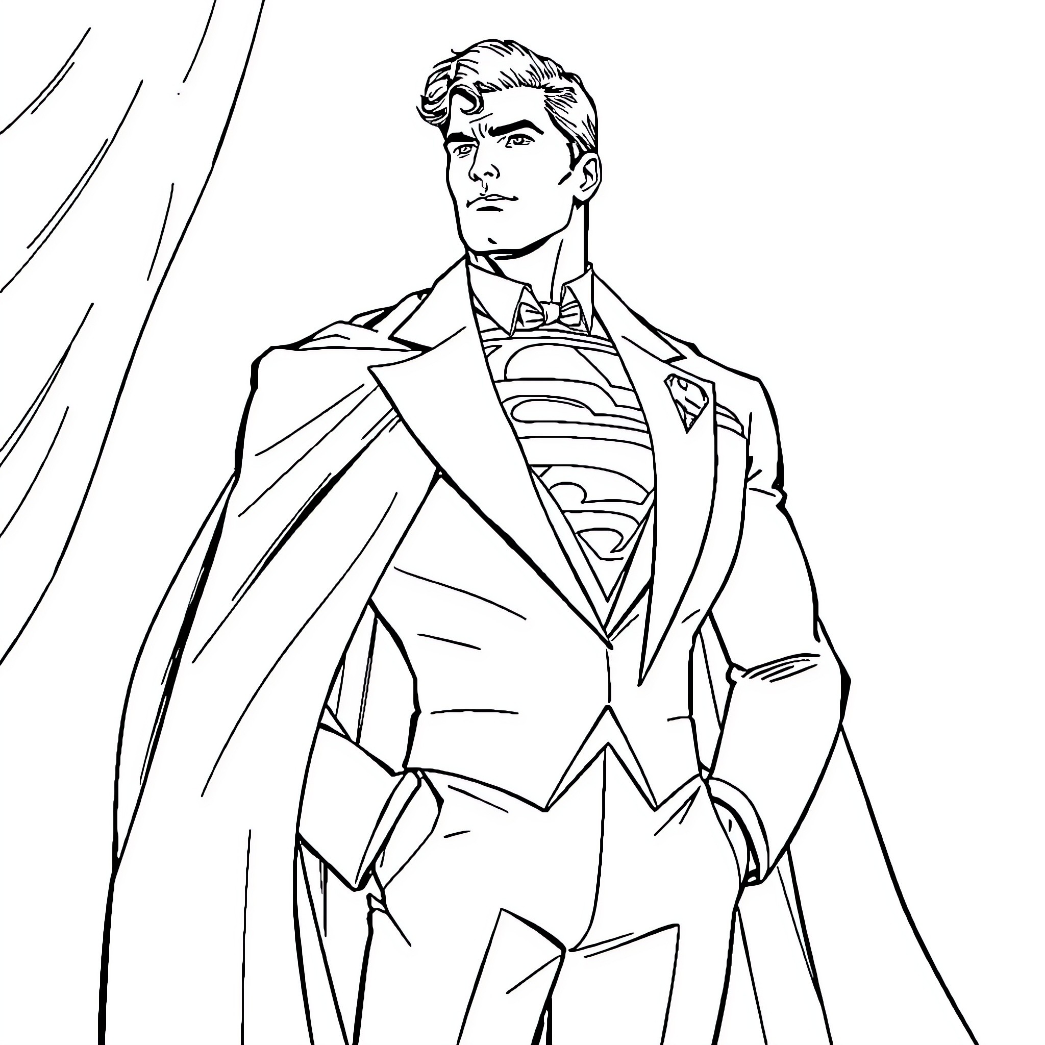 Superman standing heroically in costume Coloring Page (free black-and-white line drawing printable PDF for all, from beginners to advanced learners, including children, teens, adults, and seniors)