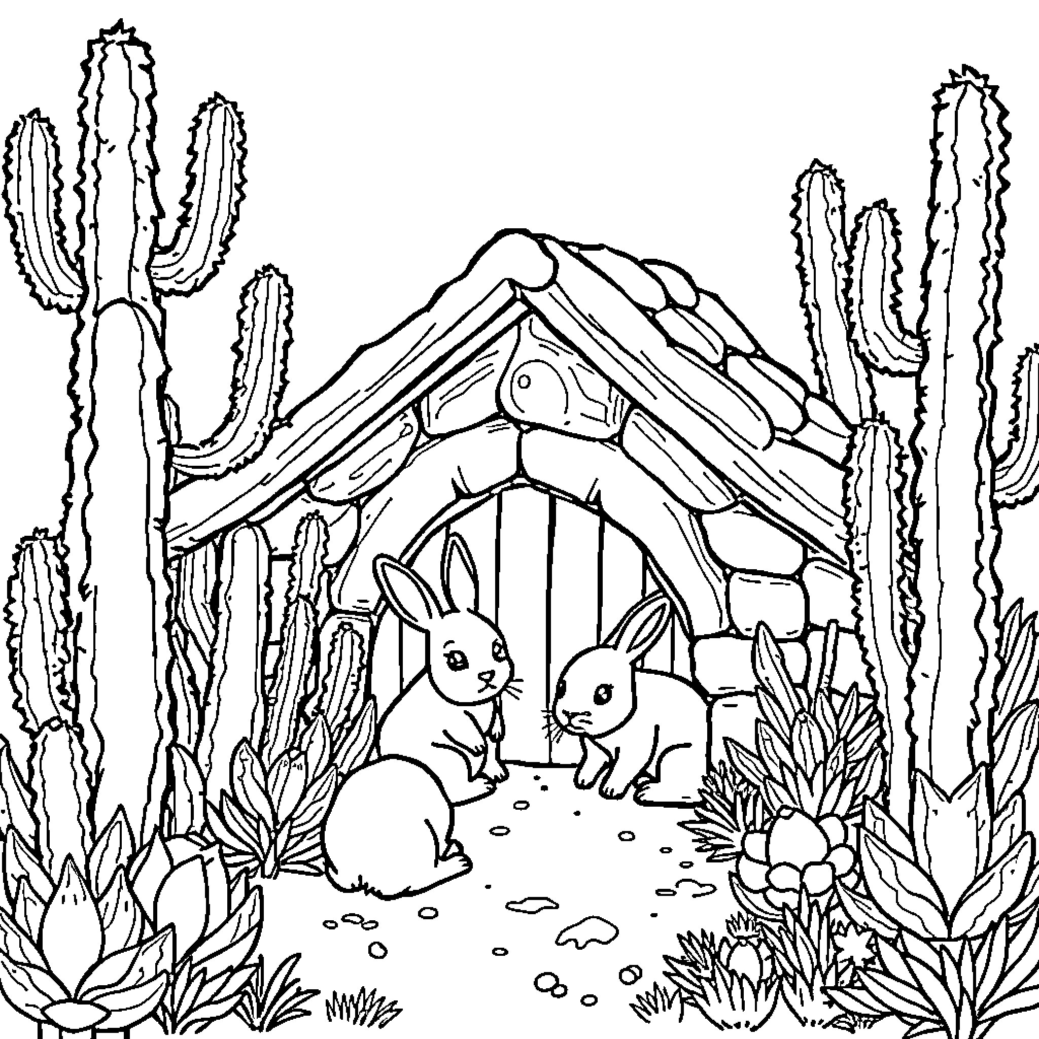 Rabbit Couple in Cactus Desert Landscape Coloring Page (free black-and-white line drawing printable PDF for all, from beginners to advanced learners, including children, teens, adults, and seniors)