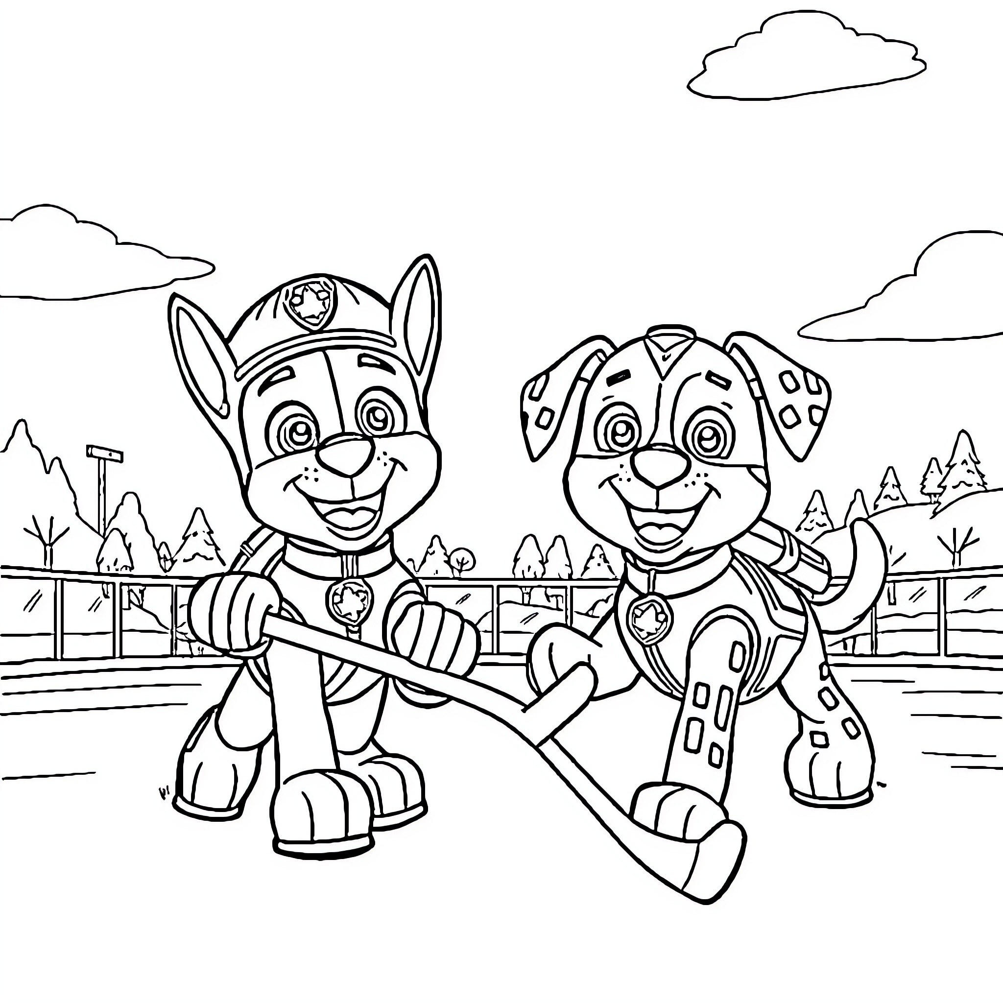 Paw Patrol characters in an outdoor scene Coloring Page (free black-and-white line drawing printable PDF for all, from beginners to advanced learners, including children, teens, adults, and seniors)