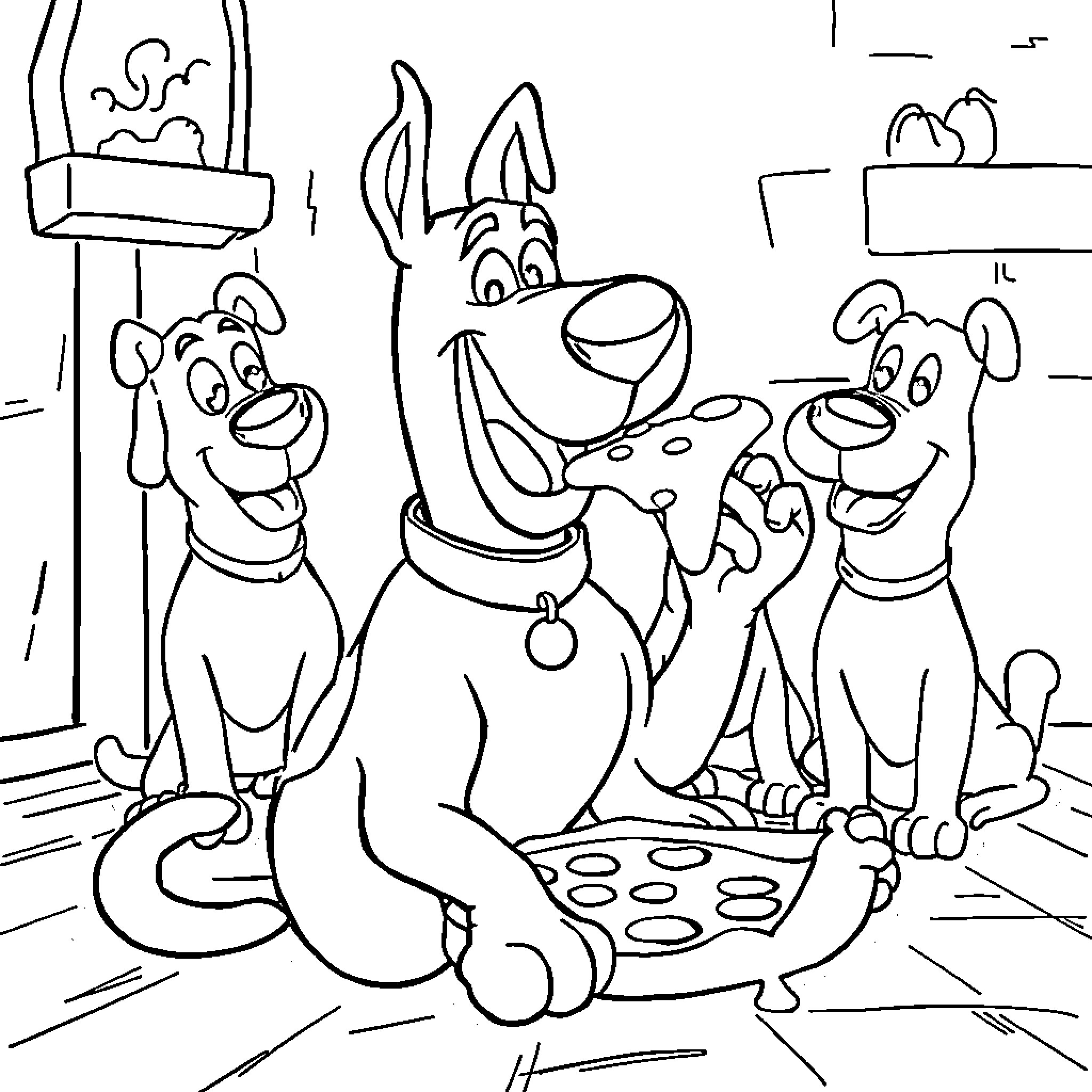 Scooby Doo and friends in playful scene Coloring Page (free black-and-white line drawing printable PDF for all, from beginners to advanced learners, including children, teens, adults, and seniors)