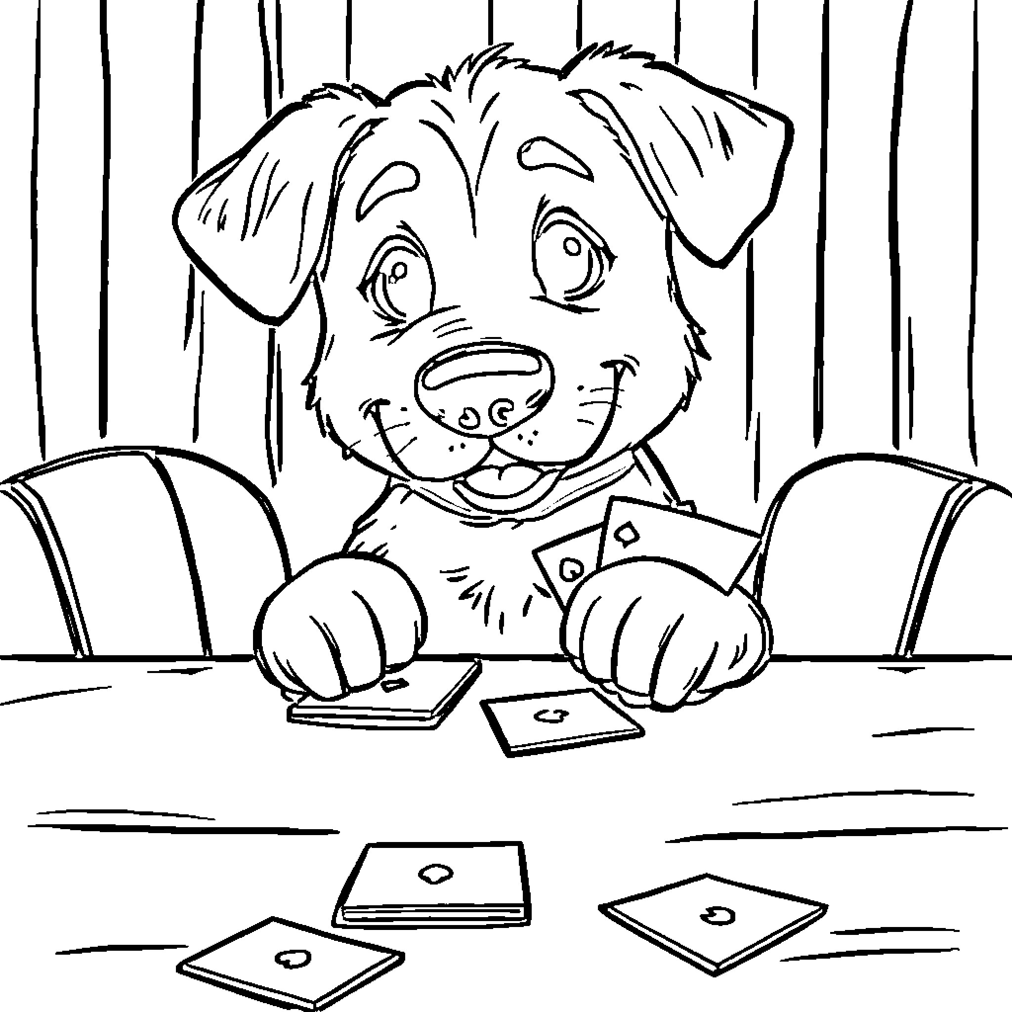 Dog playing with cards on the desk Coloring Page (free black-and-white line drawing printable PDF for all, from beginners to advanced learners, including children, teens, adults, and seniors)