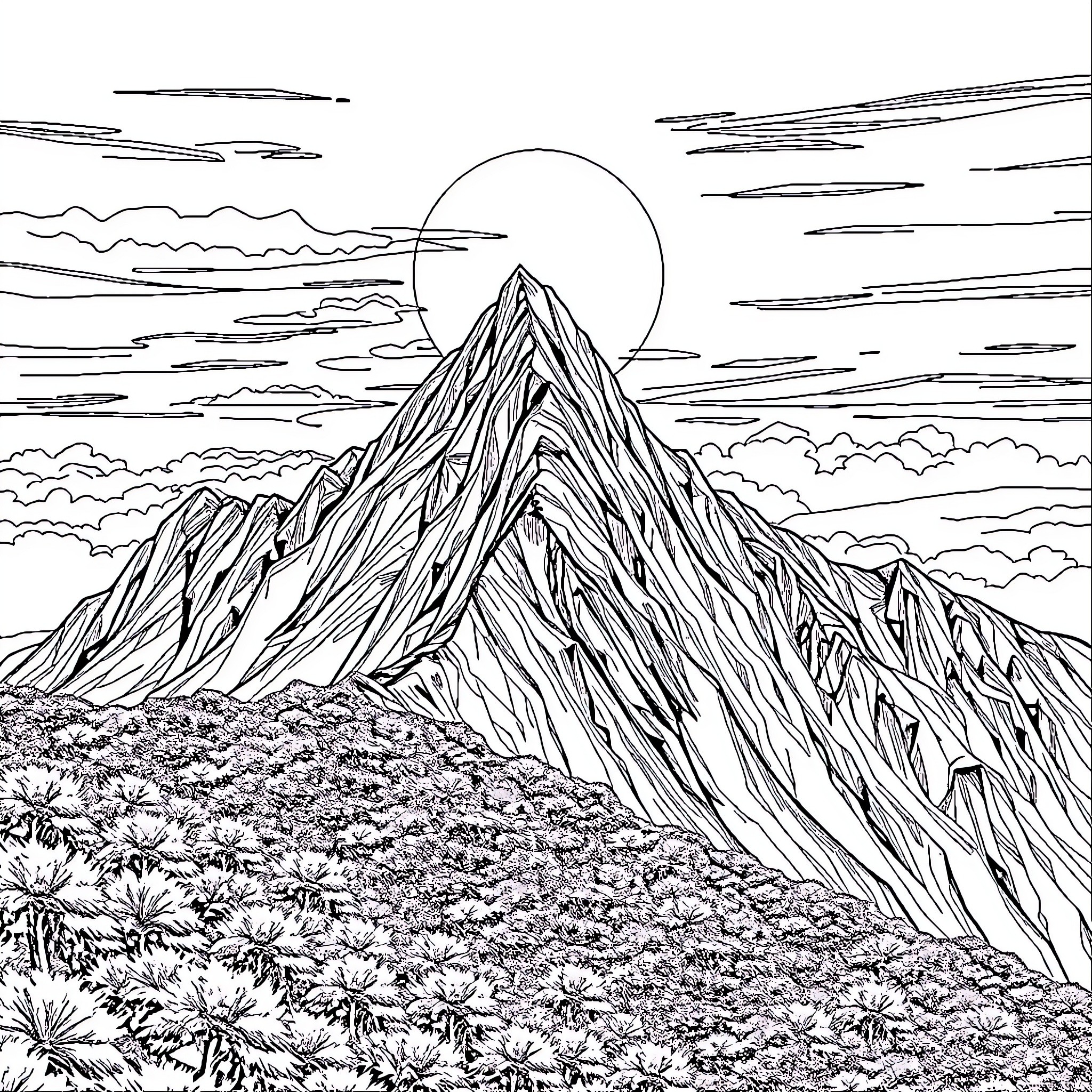 Mountain landscape with dramatic sky Coloring Page (free black-and-white line drawing printable PDF for all, from beginners to advanced learners, including children, teens, adults, and seniors)