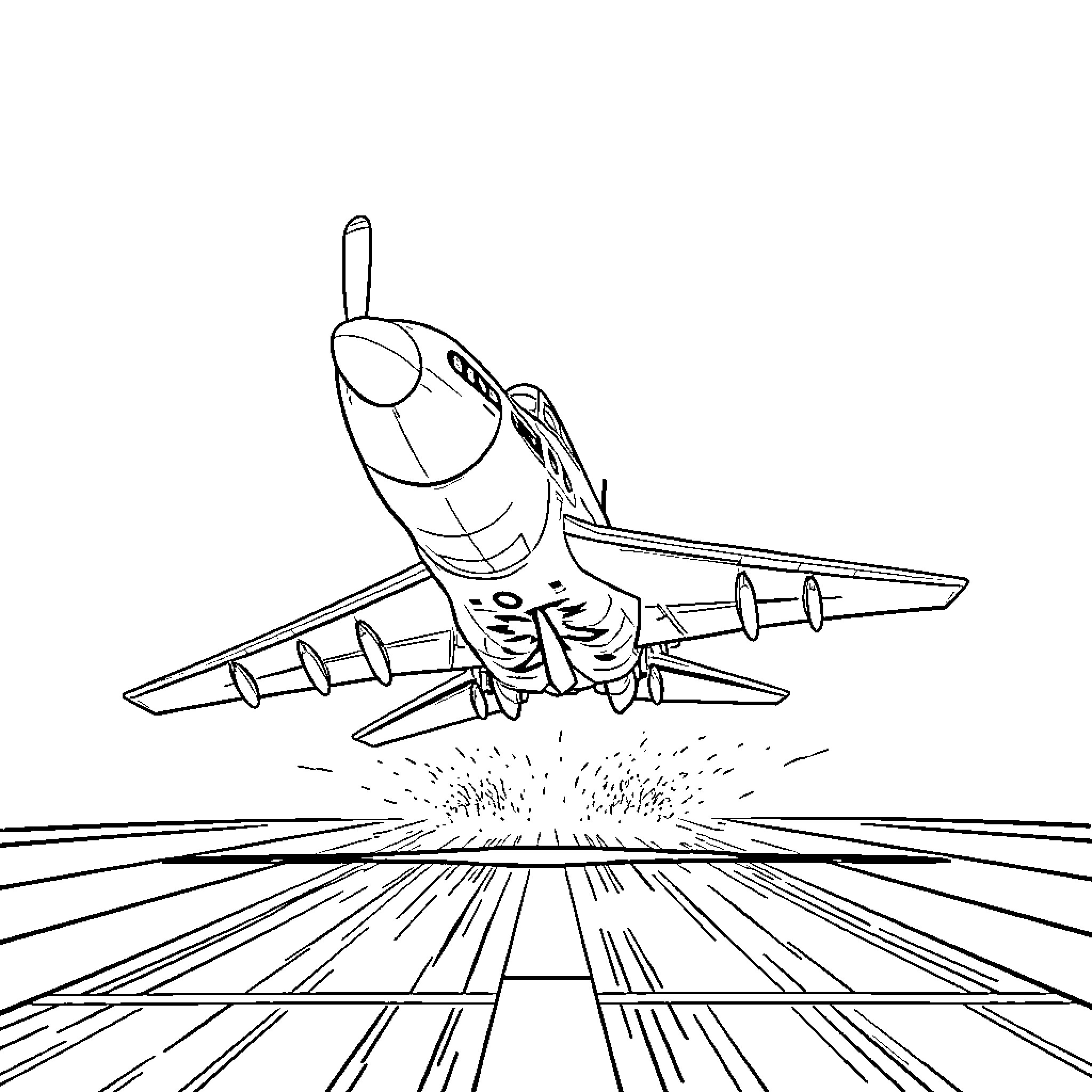 Fighter Plane Soaring Through the Sky Coloring Page (free black-and-white line drawing printable PDF for all, from beginners to advanced learners, including children, teens, adults, and seniors)