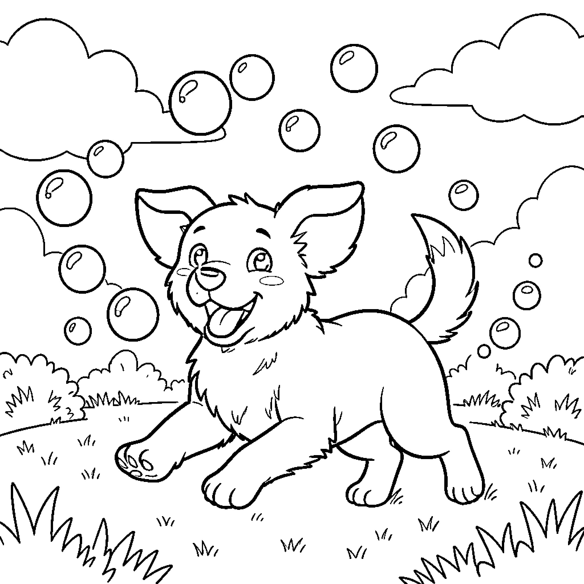Dog playing joyfully with bubbles in the outdoors Coloring Page (free black-and-white line drawing printable PDF for all, from beginners to advanced learners, including children, teens, adults, and seniors)